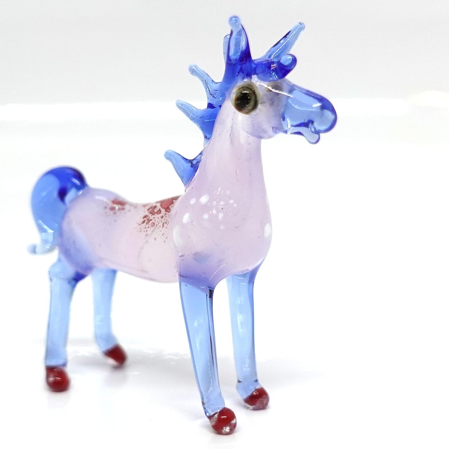Sansukjai Horse Miniature Figurine – Handmade Blown Glass Art – Tiny Animal Collectible Sculpture – Unique Home Decor Gift (Blue Pink)