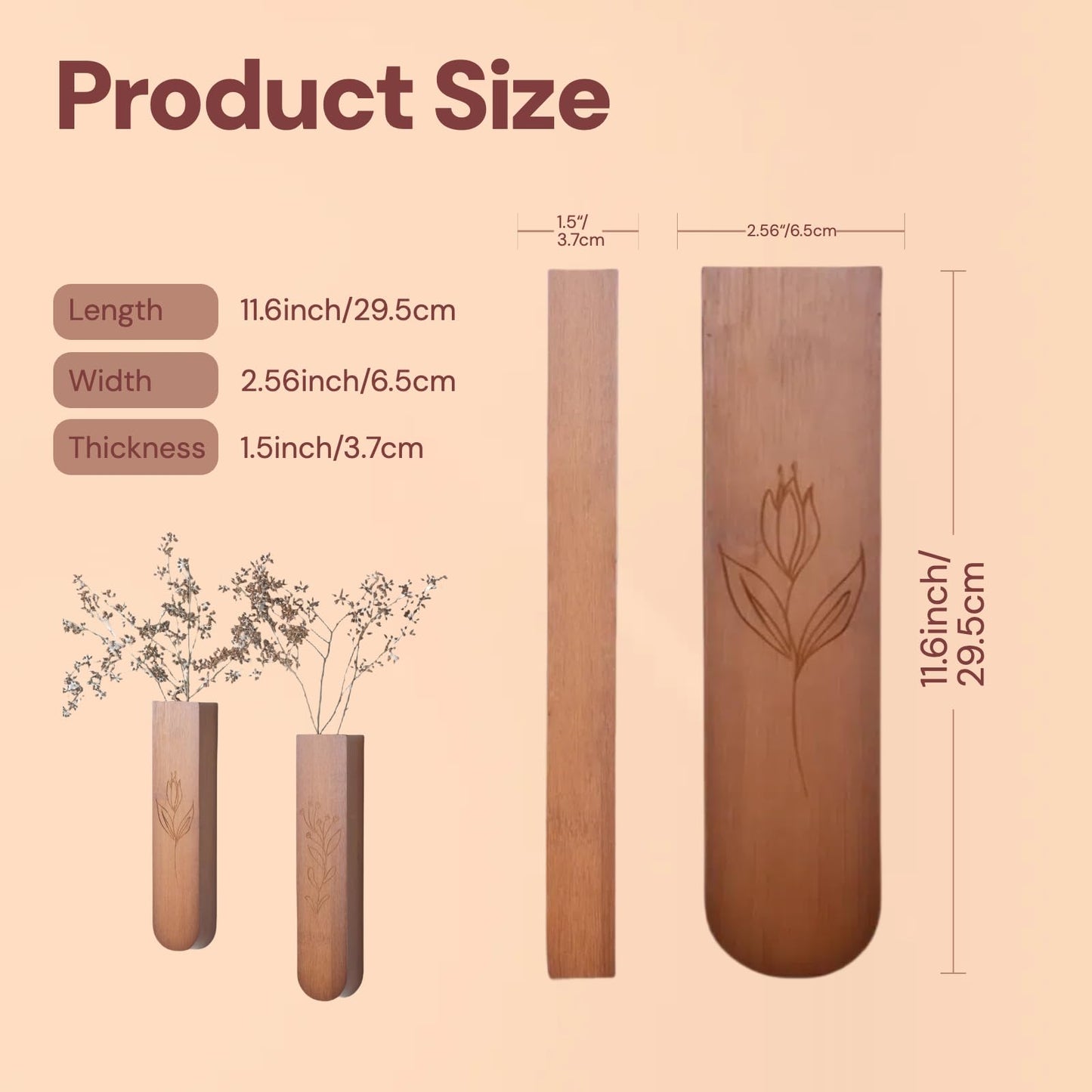 Wood Wall Vase Set of 2, 11.6 x 2.52 x 1.37 inch for Dried Flowers and Faux Greenery Plants for Bathroom,Kitchen,Farmhouse,Dining Room Wall Decor （Brown