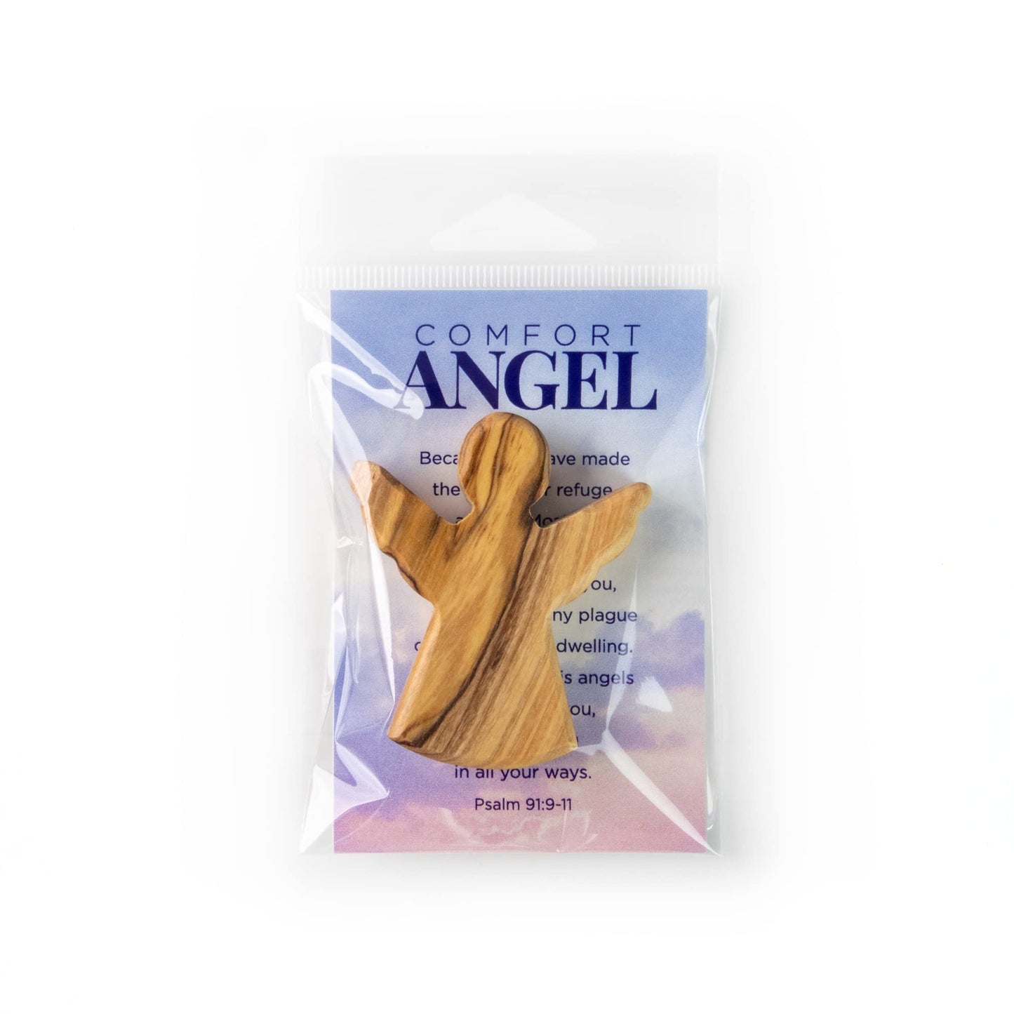 Olive Wood Pocket Angel From The Holy Land - Comforting Angel Figurine With Psalm 91 Prayer Card - Handheld Wooden Angel Pocket Token For Cancer Comfort Gifts & Gifts For Hospice Patients