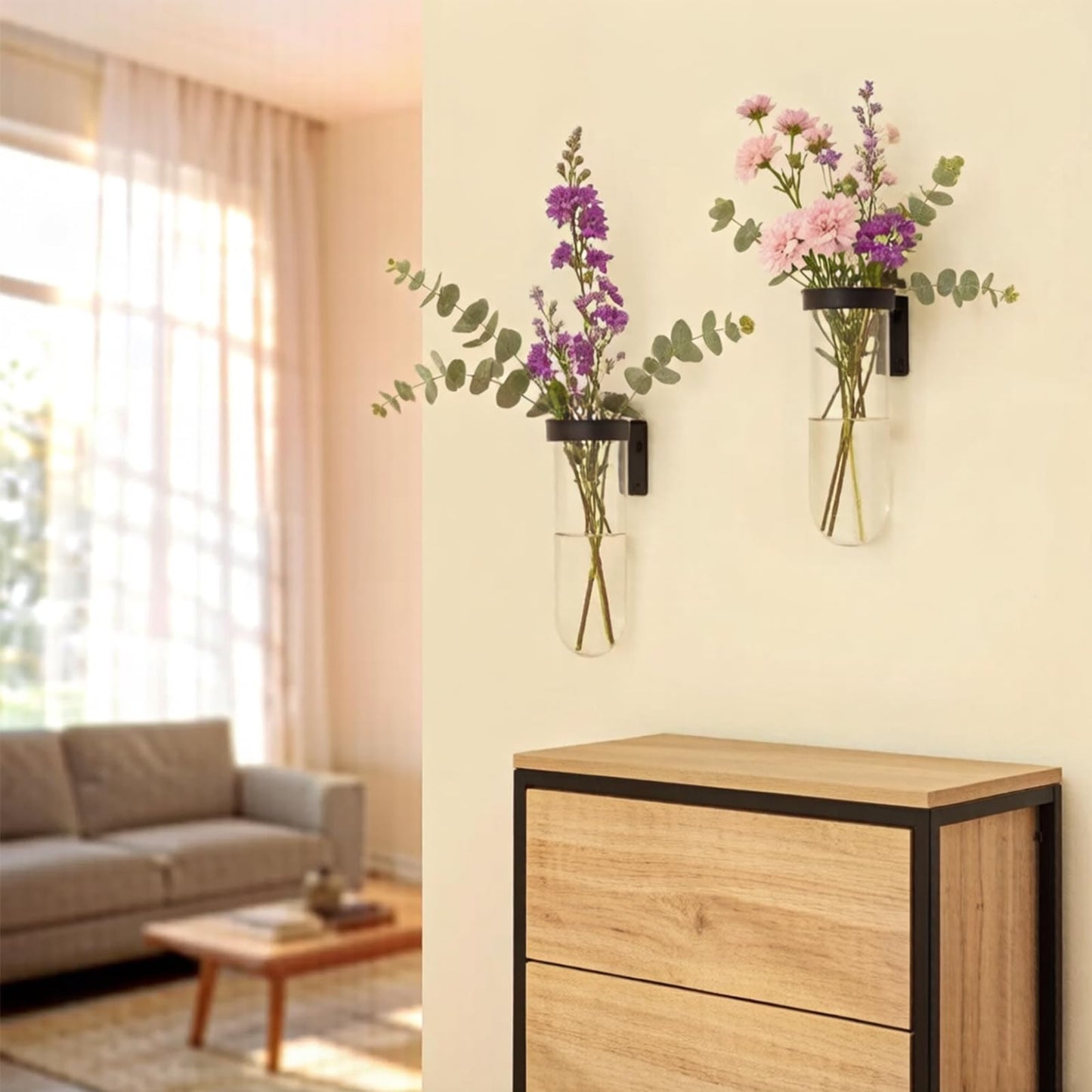 2 Piece Hanging Glass Wall Vase Set, Iron Metal Plant Stand with Clear Borosilicate Glass Tubes, Creative Wall Mount Vase for Flowers, Air Plants, Home Office Wedding Decoration