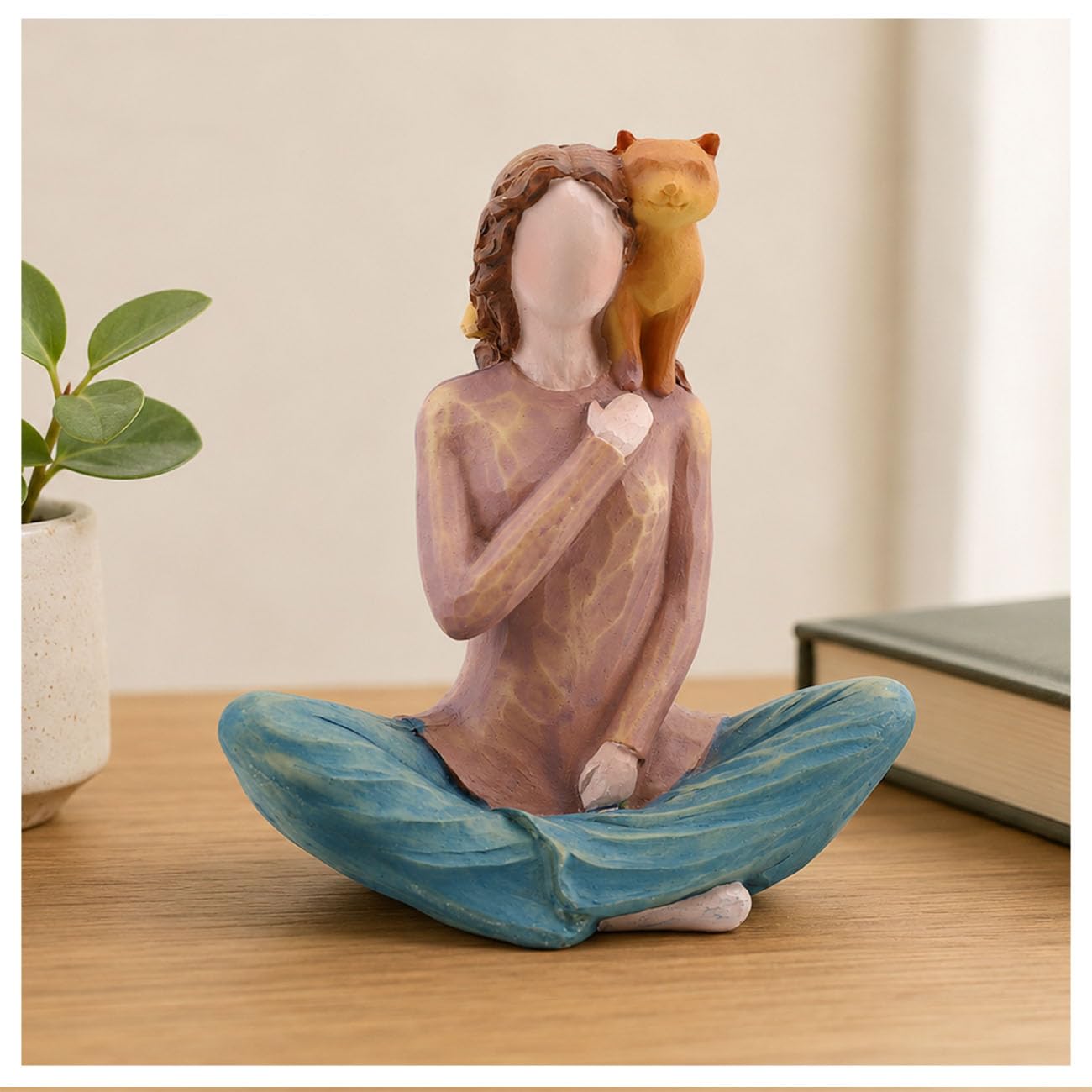 Yoga Girl with Cat Figurine, 5.1" Shelf Decor, Gift for Cat Lovers