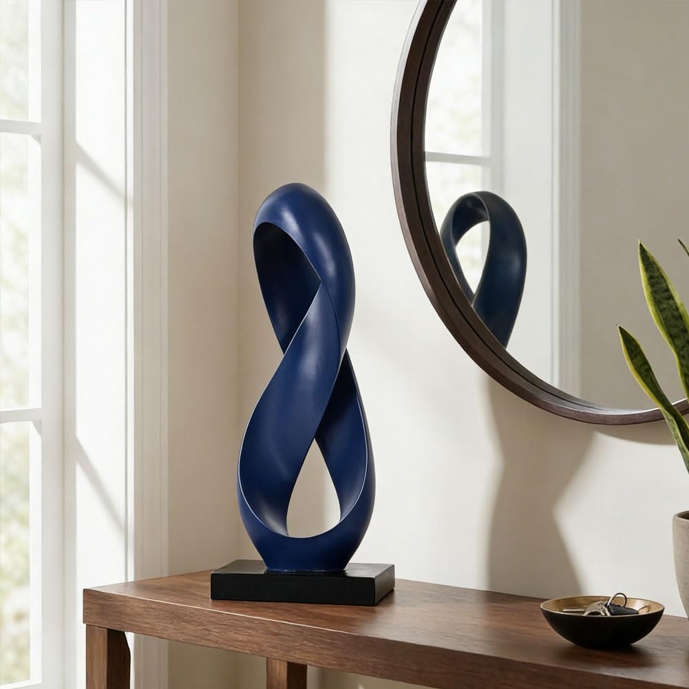 QIANLING 14.6" Tall Abstract Blue Knot Sculpture, Modern Resin Infinity Loop Statue, Modern Tabletop Decor for Coffee Table, Bookshelf, Mantel, Entryway, Living Room Office Accent Centerpiece