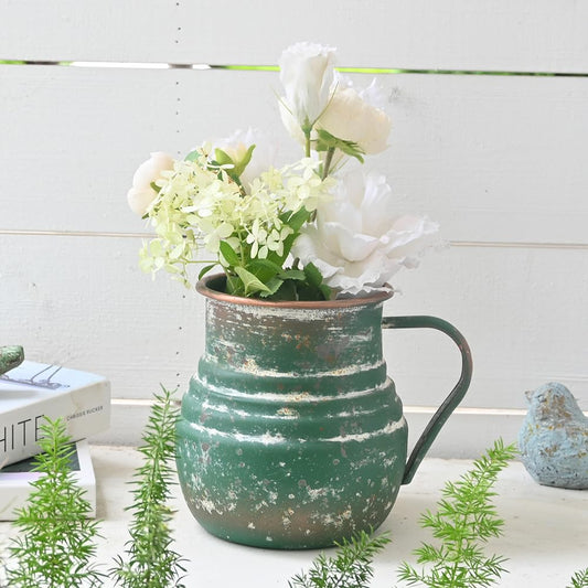 Chadechimo Rustic Metal Farmhouse Vase Shabby Chic Small Pitcher Fall Vase Brown Decorative Vase for Farmhouse Kitchen Decor（Green）