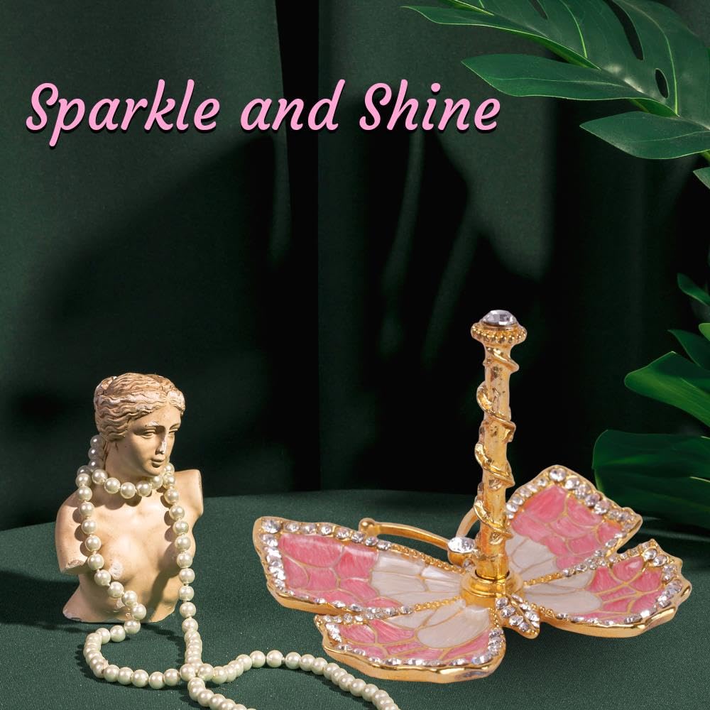 Matashi Butterfly Jewelry Holder for Women, Enamel - Gold Plated Jewelry Stand Organizer Ring Holder w/Crystals, Gift for Mom on Christmas, Mother’s Day, Birthday, Anniversary, Valentine’s Day, Pink
