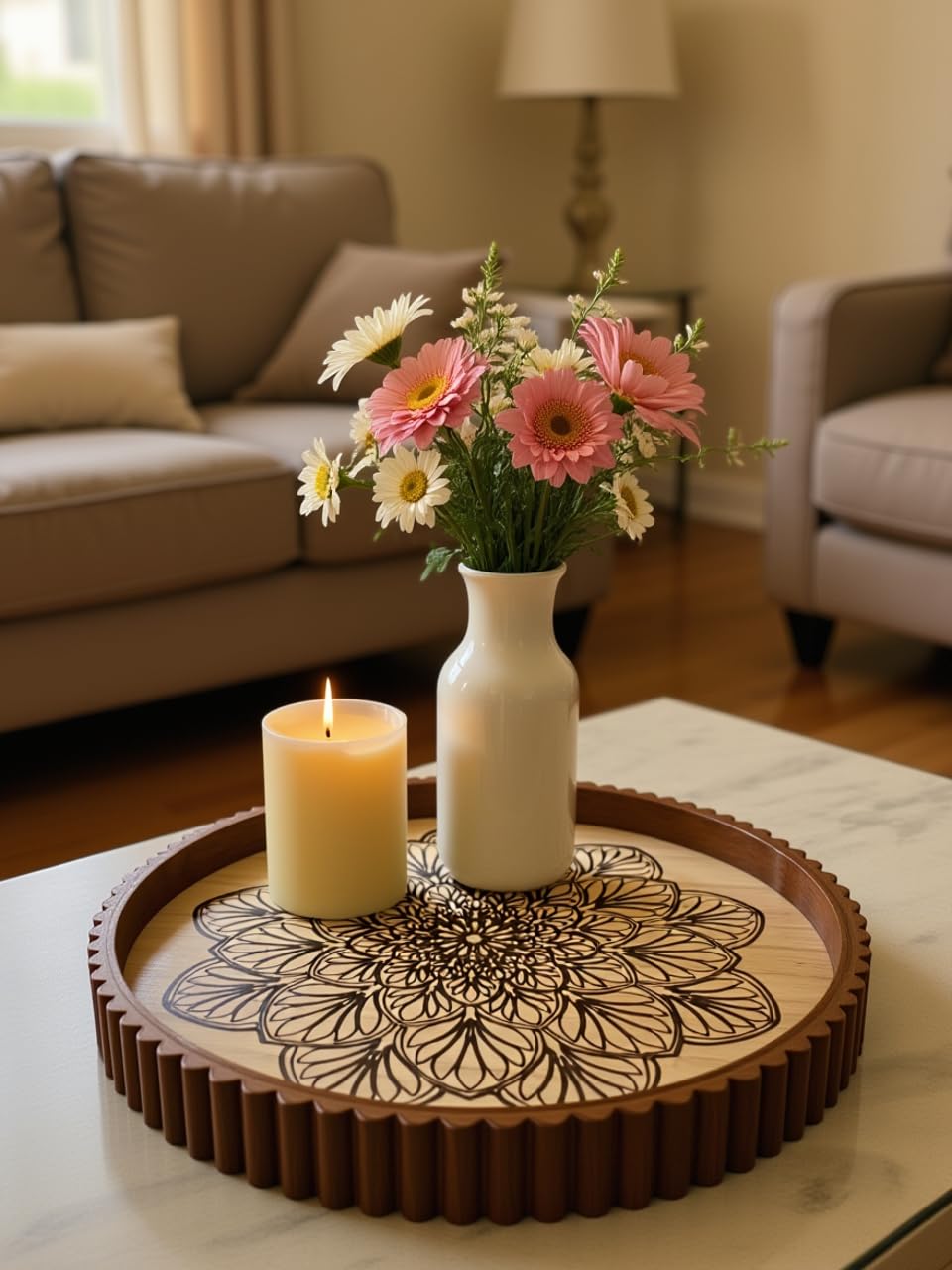 EspoirLuv Round Decorative Tray Set of 2 with Glass Top – Coffee Table Trays, Serving Trays for Living Room, Entryway, Ottoman & Sofa Décor (13.8” & 11.8”)