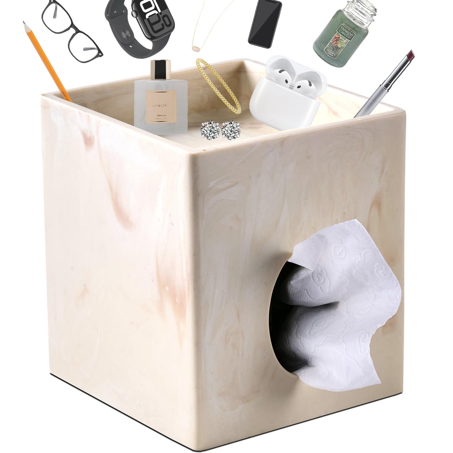 Beige Natural Marble Stone Textures Square Tissue Box Cover with Storage Tray, 2-in-1 Tissue Holder Decorative Organizer for Bathroom, Vanity, Kitchen Countertop, Bedroom Night Stands, Office Desk Top