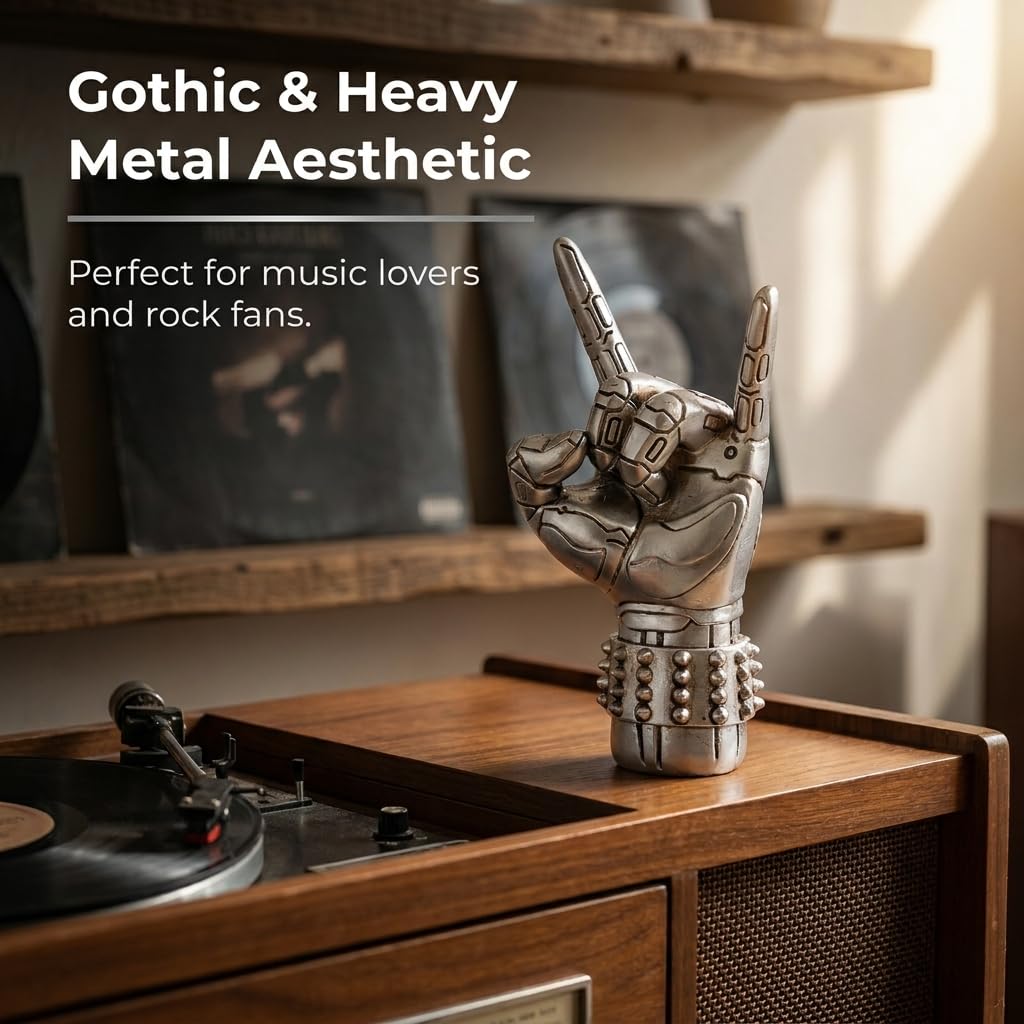 Brizoria Rock and Roll Decor Hand Sculpture Resin Statues Goth Room Decor Aesthetic Music Studio Decors for Bedroom Tabletop Desk Statue Shelf Art Sculptures Home Decors Mens Gift, Silver