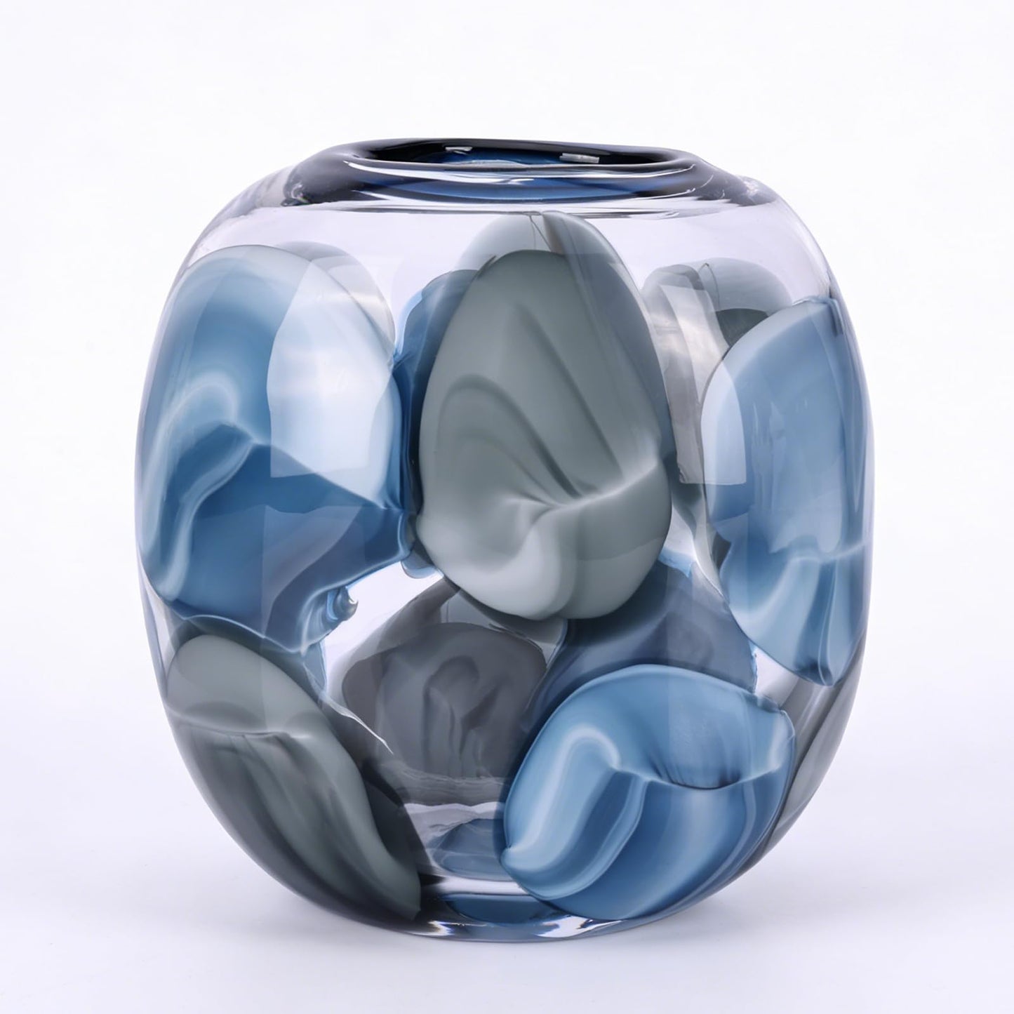 Hand Blown Blue Glass Vase, 8.5 in Round Wide Mouth Blue Gray Vase, Decorative Glass Vase for Flowers, Coastal Home Decor Centerpiece for Table, Shelf, Entryway, in The Bathroom, or Living Room