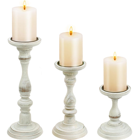Rustic Distressed Wooden Candle Holder Set of 3 for Pillar Candles, Farmhouse Wood Candle Stands for Table Centerpieces & Living Room Home Decor (Rubber Wood(Distressed White))