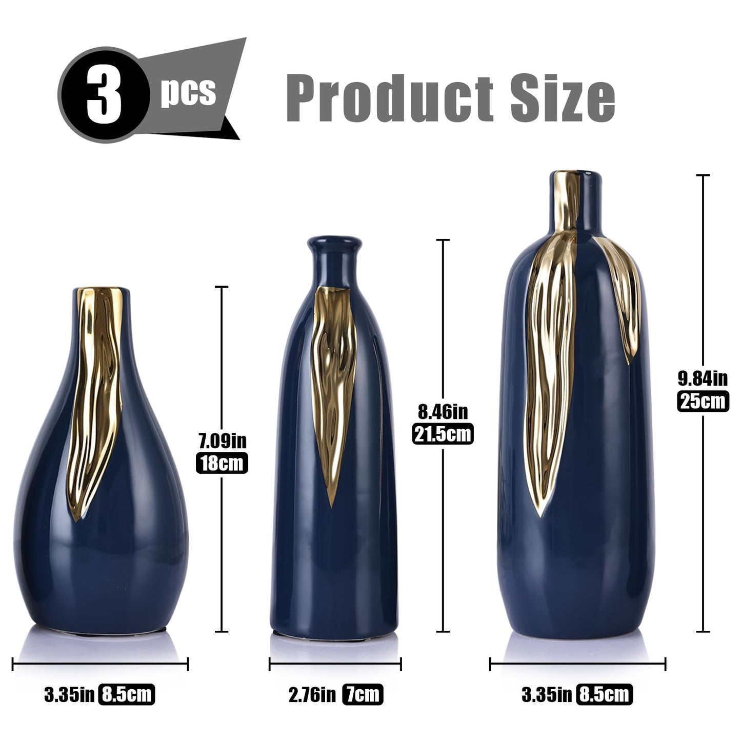 Blue and Gold Ceramic Vase Set of 3, Ceramic Vase Set for Decorative, Blue and Gold Single Stem Vases for Centerpieces Nightstand Kitchen, Boho Farmhouse Home Decoration