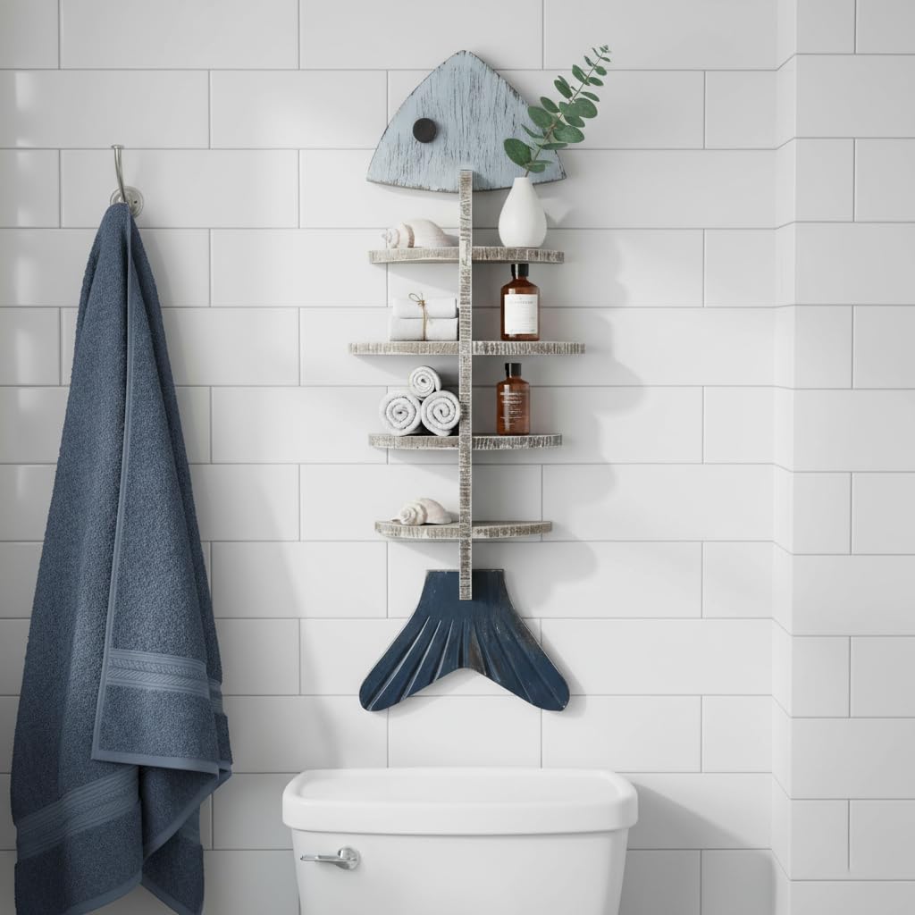 XYZWOMN Fish Bone Wall Decor Display Shelf, Mediterranean Style Wooden Coastal Wall Art, Rustic Nautical Marine Hanging Organizer for Beach House, Bedroom, Unique Ocean Theme Decoration