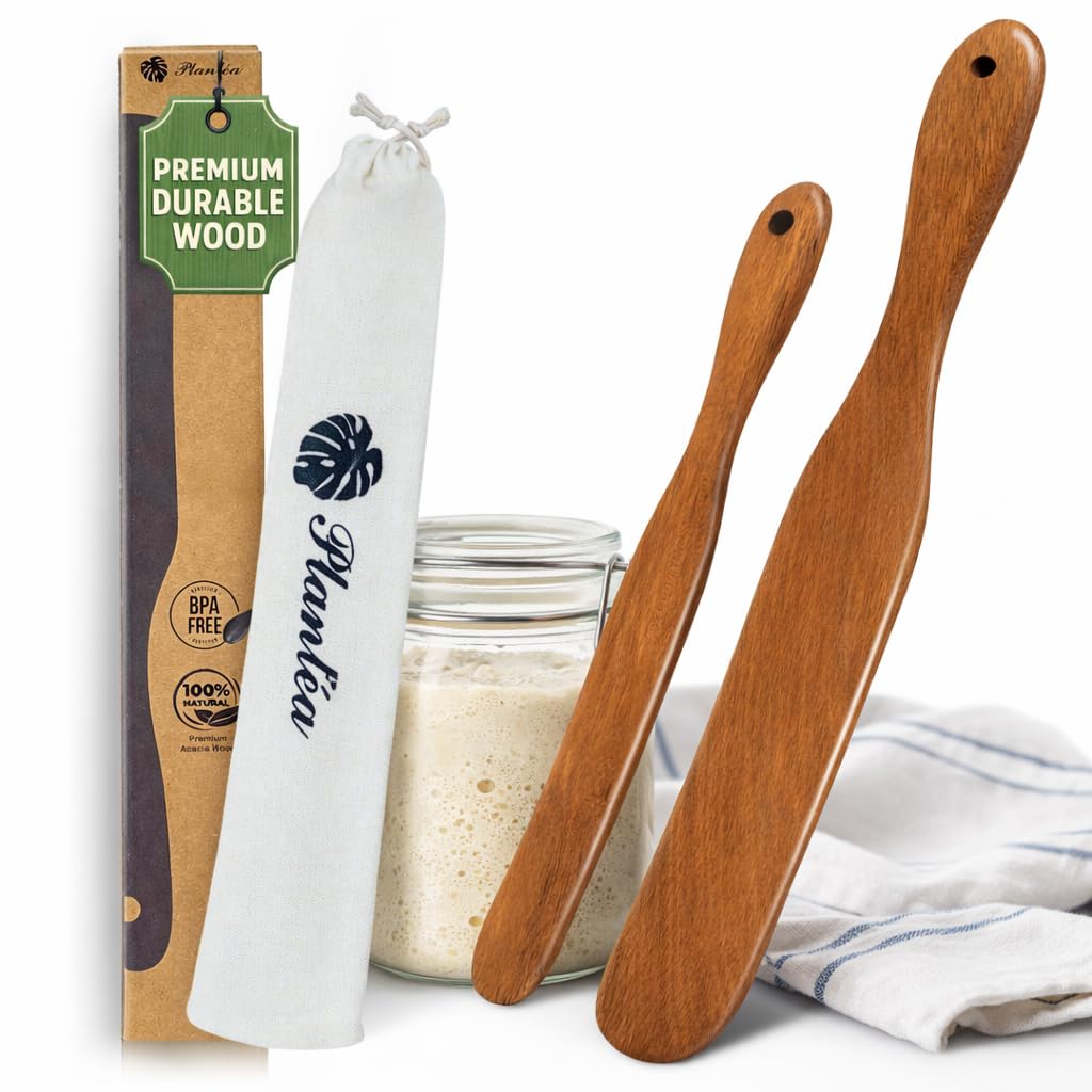 2 pcs Skinny Spurtle for Sourdough Starter, Reaching Bottom of Jar Wooden Spurtle for Mixing, Acacia Wood Dough Whisk, Sourdough Bread Baking Supplies