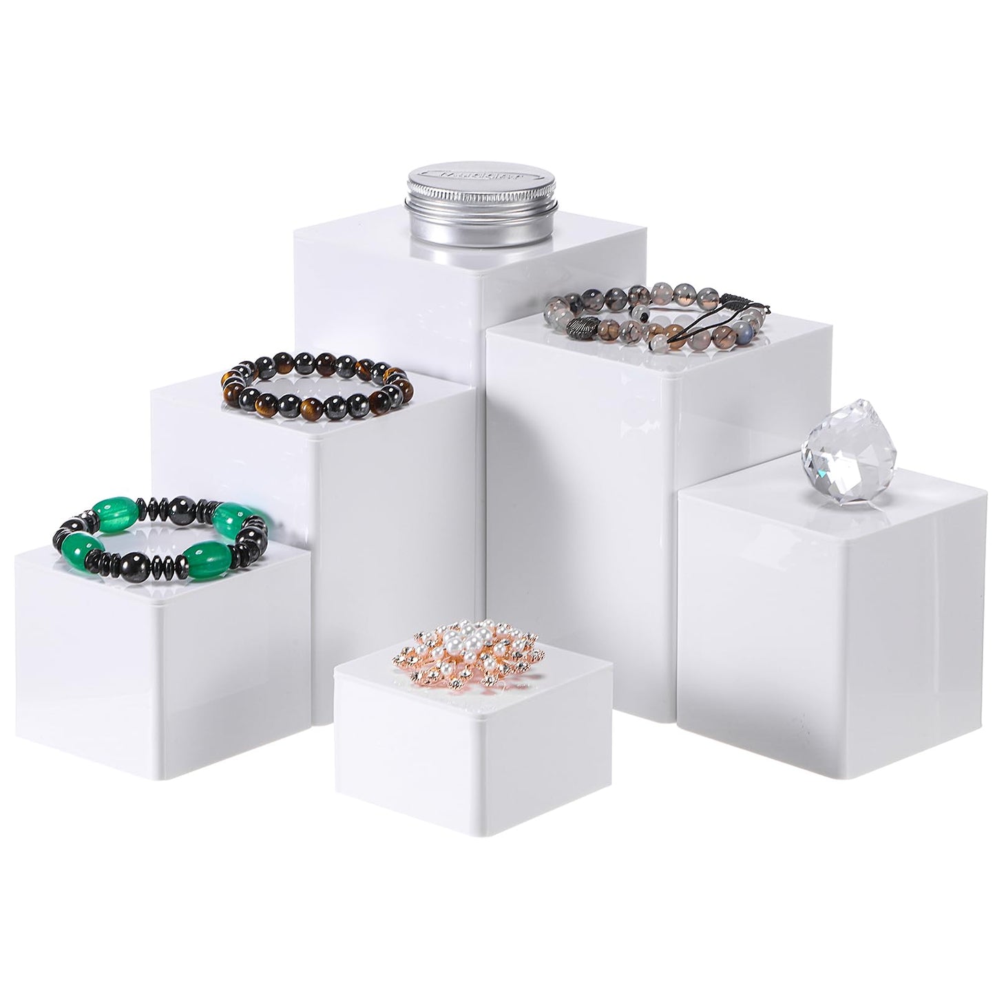 Thyle Jewelry Acrylic Risers Square Cube Display Nesting Risers Figure Stand with Hollow Bottoms Display Stand Shelf for Cosmetics Food Collectibles Perfume, 6 Sizes(White,12 Pcs)