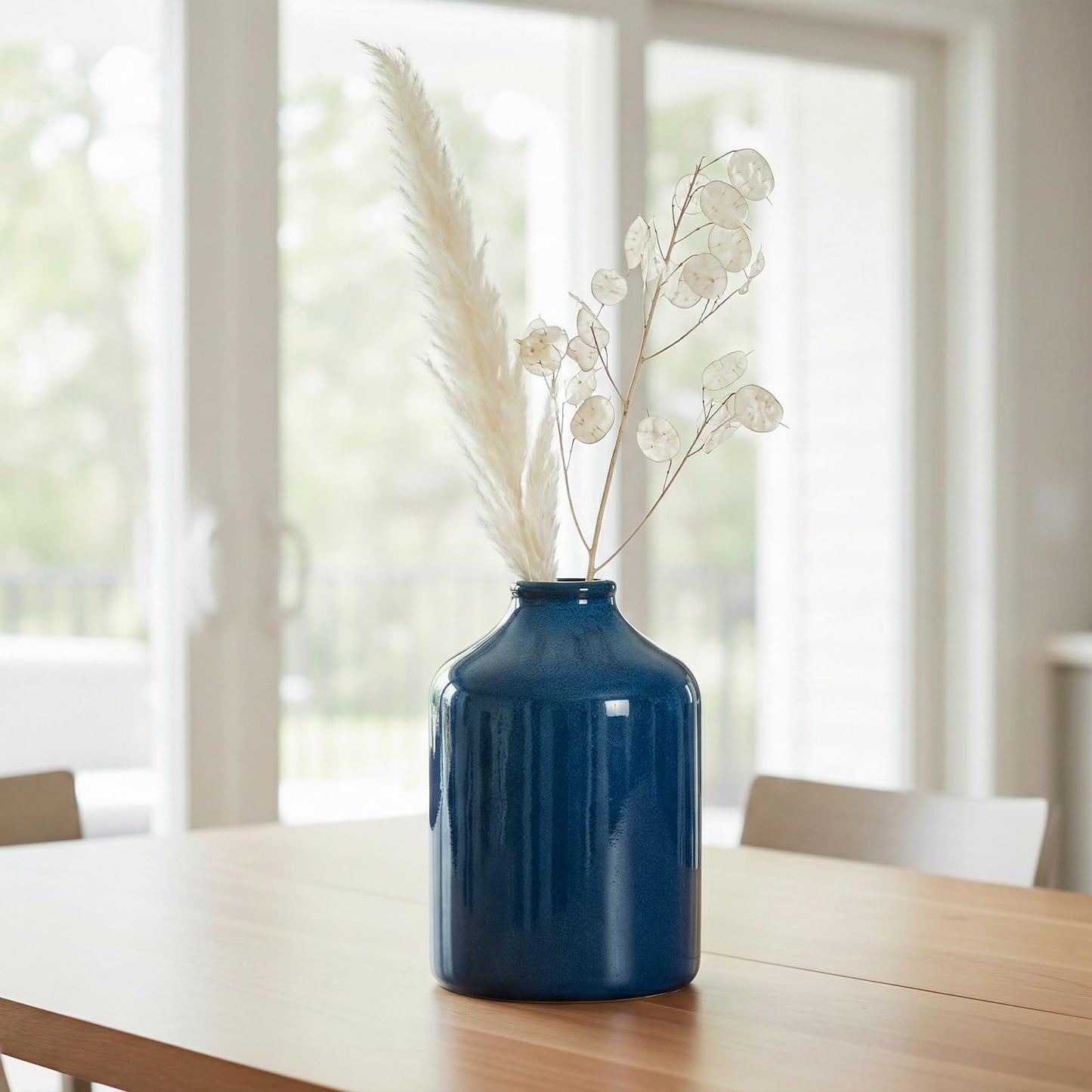 Sunddo Blue Flower Vase - 7 Inch Ceramic Decorative Vase - Rustic Farmhouse Vases for Home Decor, Shelf Decor, Dresser, Living Room, Office Desk Decoration