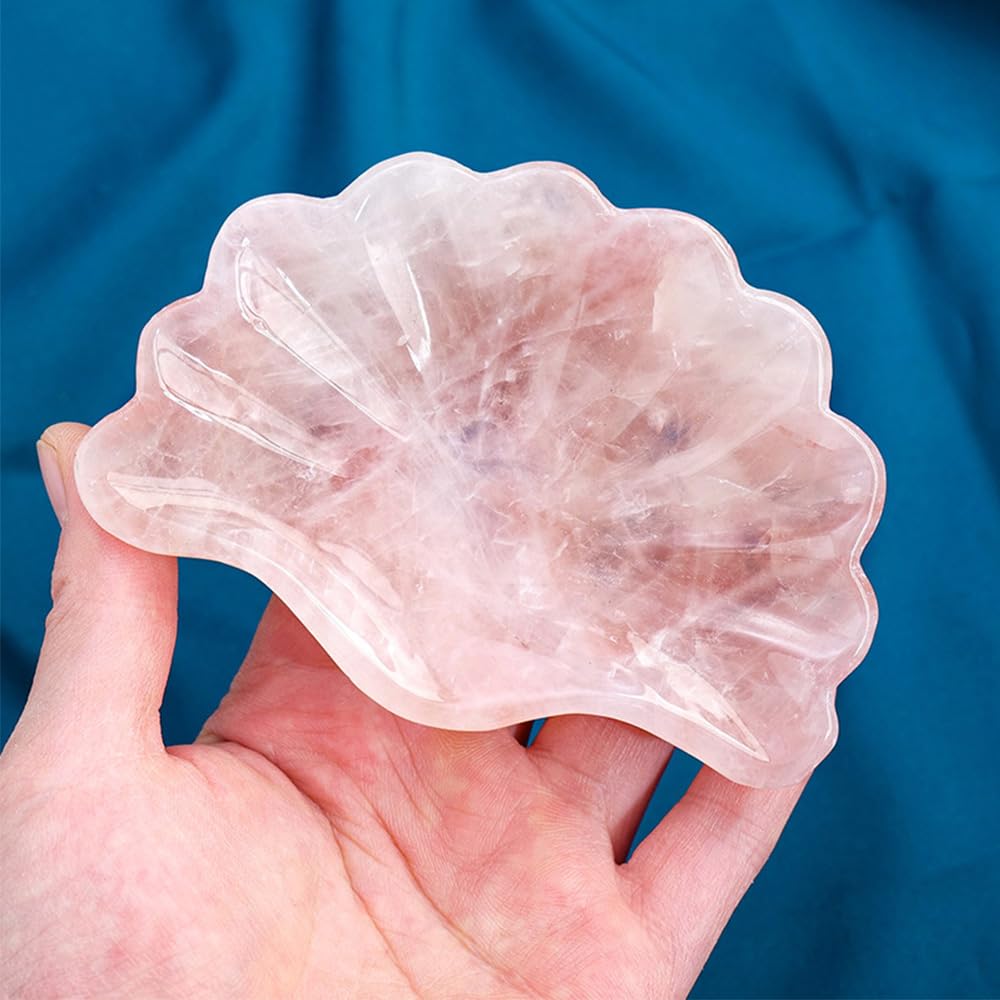 JIC Gem Rose Quartz Crystal Bowl Shell Shape Crystals and Healing Stone Decorative Bowl Jewelry Tray Home Office Decor