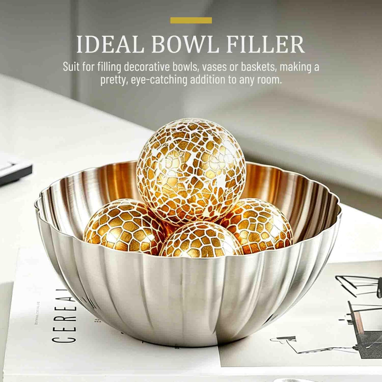 v2croft 4 in Decorative Orbs Glass Balls Set of 3,Mosaic Sphere Globe for Whole Housewares,Wedding/Birthday,Bowls,Vases Dining Table Centerpieces (Gold)