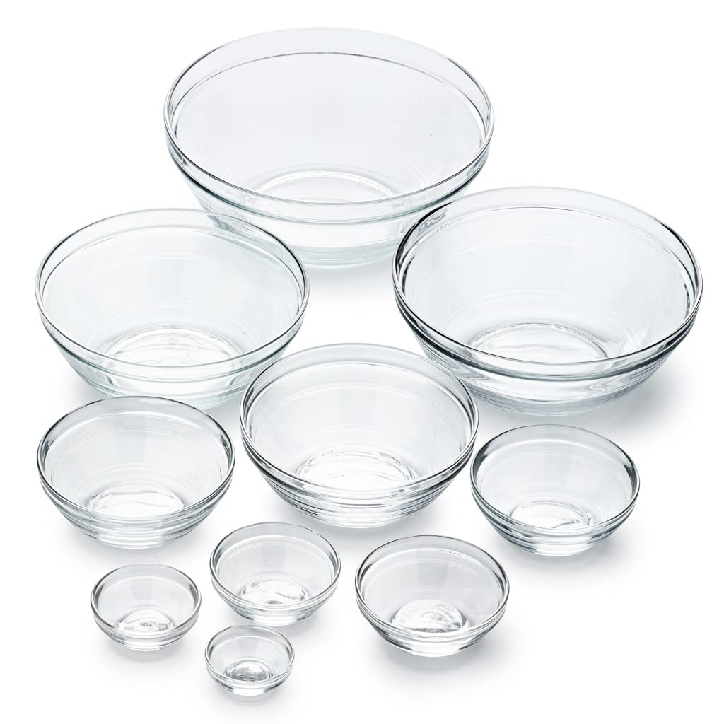 Duralex Le Gigogne Glass Mixing Bowl Set – 10-Piece Clear Stackable Prep Bowls Made of Durable Glass