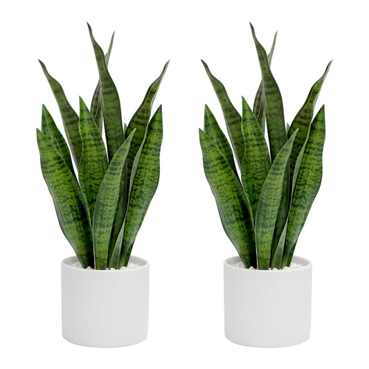 Anewsun Faux Plants, Artificial Snake Plant Set of 2, Faux Snake Plant with Pure White Ceramic Pots, Fake Sansevieria for Home Decor Indoor, Office, Living Room, Housewarming Gifts