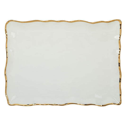 Regency Gold Porcelain Rectangular Platter with Scalloped Edges, Metallic Gold Rim, 16x11.75in, Elegant Serving Dish for Appetizers, Desserts & Buffet, Durable Dinnerware for Entertaining & Everyday