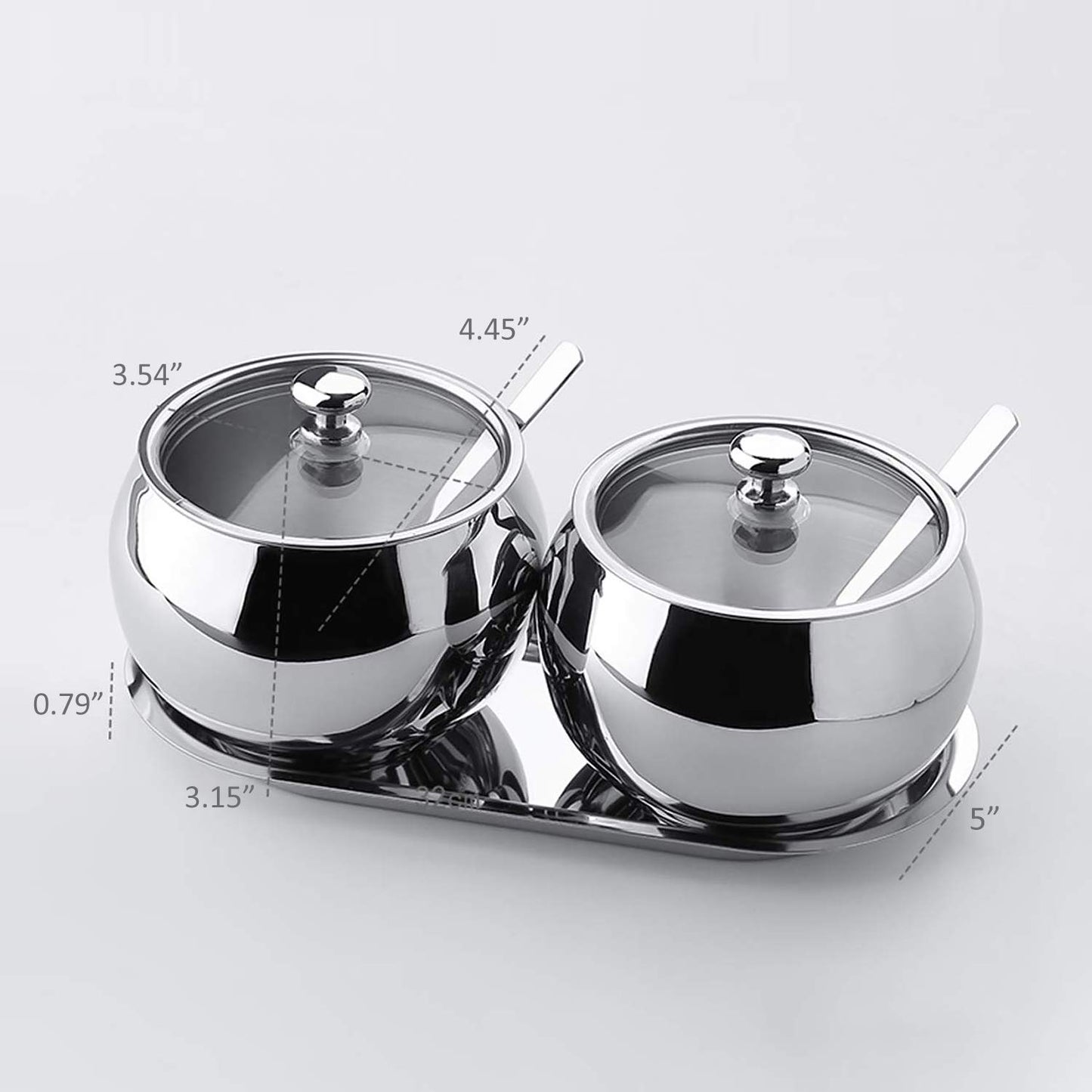KEMIYIXIAN 2 Stainless Steel Sugar Bowl with Lid Spoon and Tray, Polished Shiny Condiment Pots for Serving Sugar Pepper Salt Spice- 330ml/ 11.6 Oz
