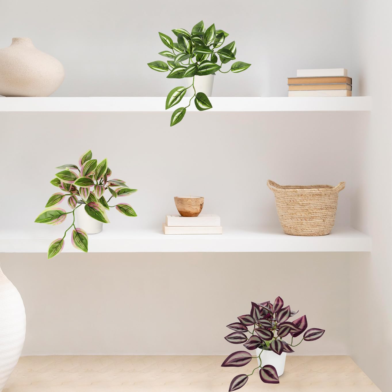 Hollyone Fake Plants 6 Pack Artificial Plants Indoor Faux Plant with White Plastic Pot Small Fake Potted Plant for Home Aesthetic Living Room Bathroom Desk Shelf Office Decor