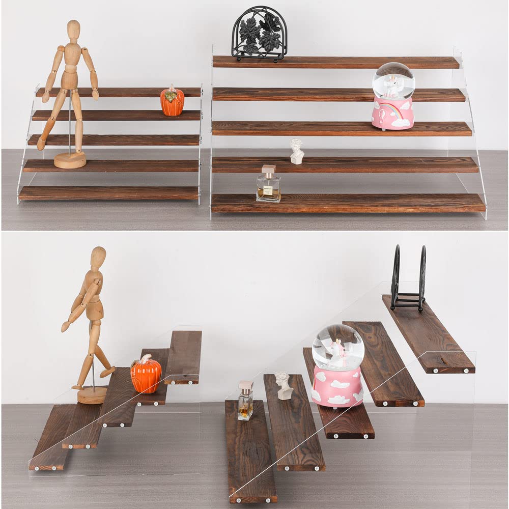 PACKGILO 1 PACK Extra Large 5 Steps Display Shelf Stand 24*17*12 inches Clear Acrylic Riser Shelves Wood Acrylic Storage for Figure Collection Cupcake Desserts Holder Cologne Organizer for Men (Brown)