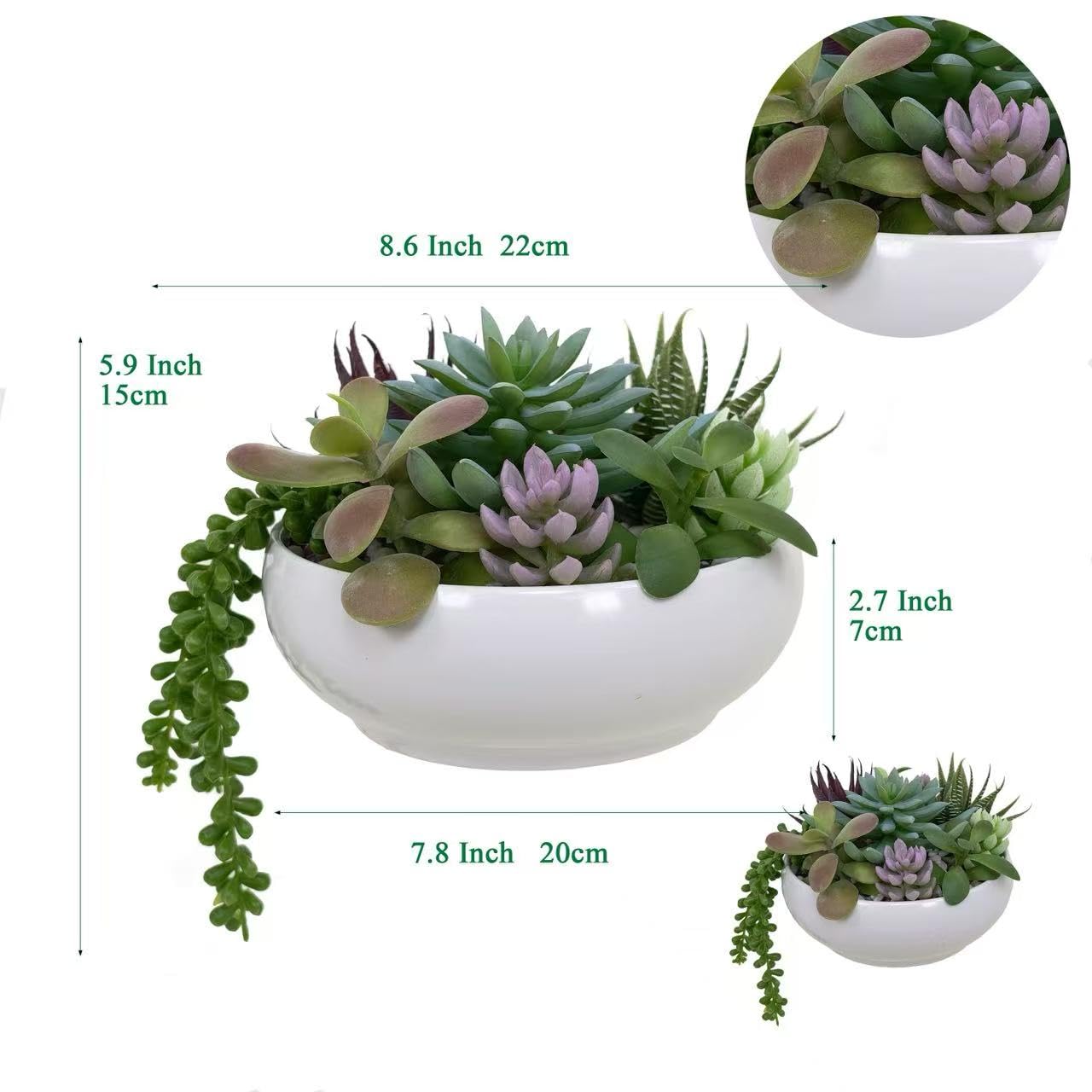 365 Blooming Decor 8.0” Round Artificial Succulent Arrangement in White Melamine Bowl, Realistic Mixed Faux Succulents with Natural Pebbles, Lifelike Touch, Indoor Tabletop Decor for Home & Office
