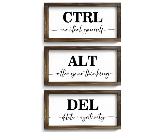 Pinetree Art Motivational Wall Decor for Office, Set of 3 Rustic Wooden Framed Signs, CTRL ALT DEL Inspirational Wall Art for Home Office, Classroom, Desk Wall, Positive Mindset Decor, (6"x12"x3)