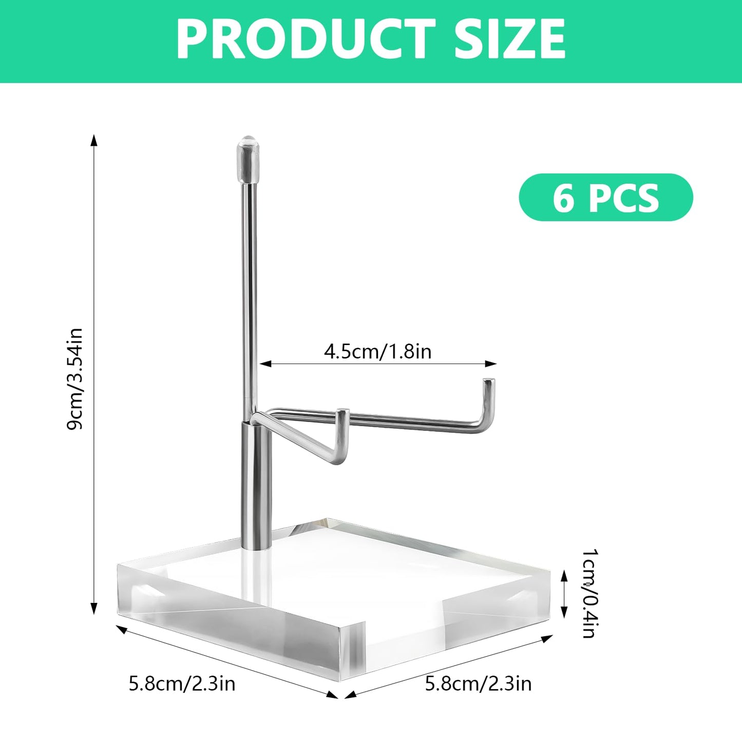 KoMvzyl 6 Pcs Rock Display Stand with Acrylic Base, Adjustable Metal Arm Crystal Display Stand, Silver Small Holder for Gemstones, Fossils, Crystal, Minerals, Agate(2.4 X 2.4 X 4.1 Inches)
