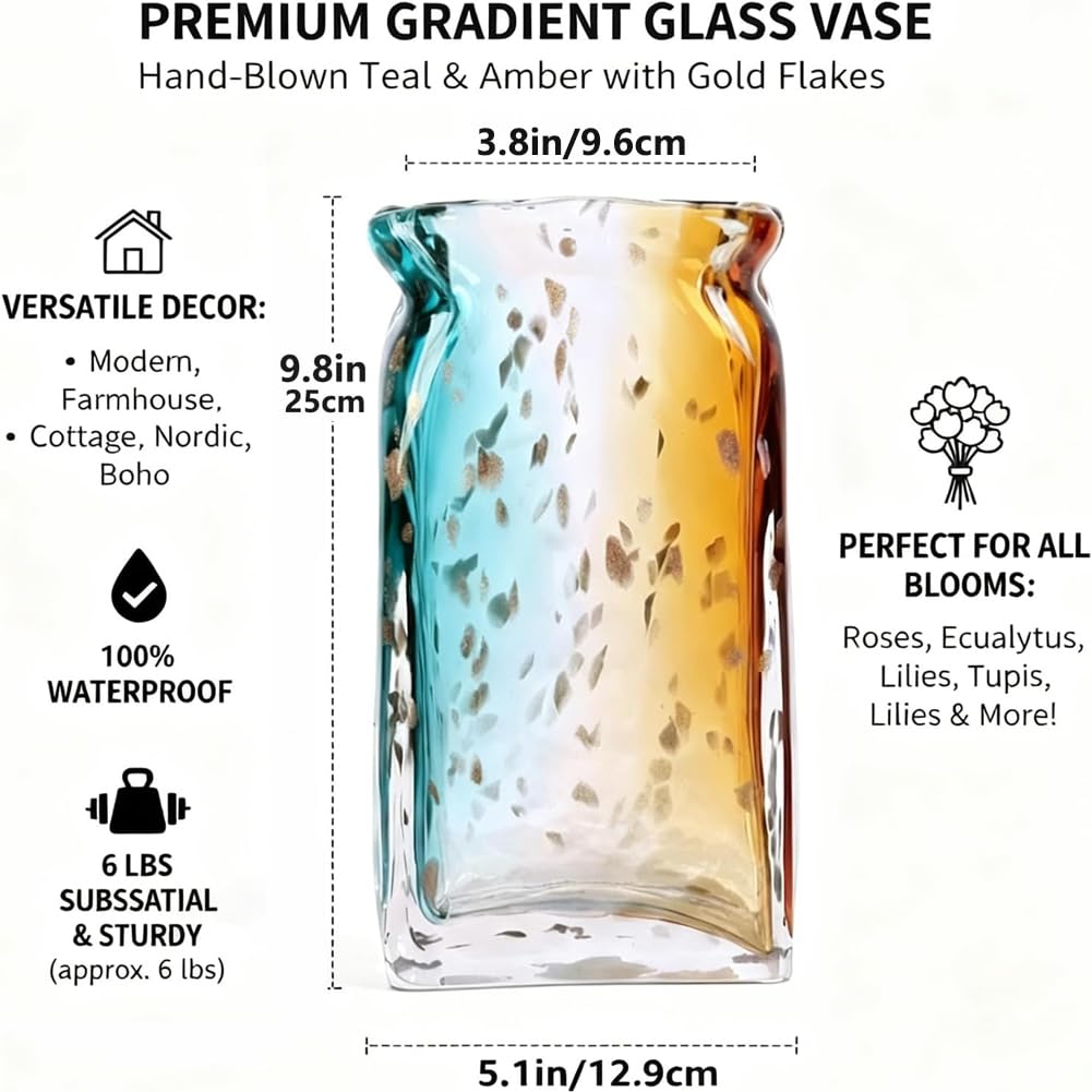 Hand Blown Glass Vase, Turquoise Teal Blue with Amber Orange