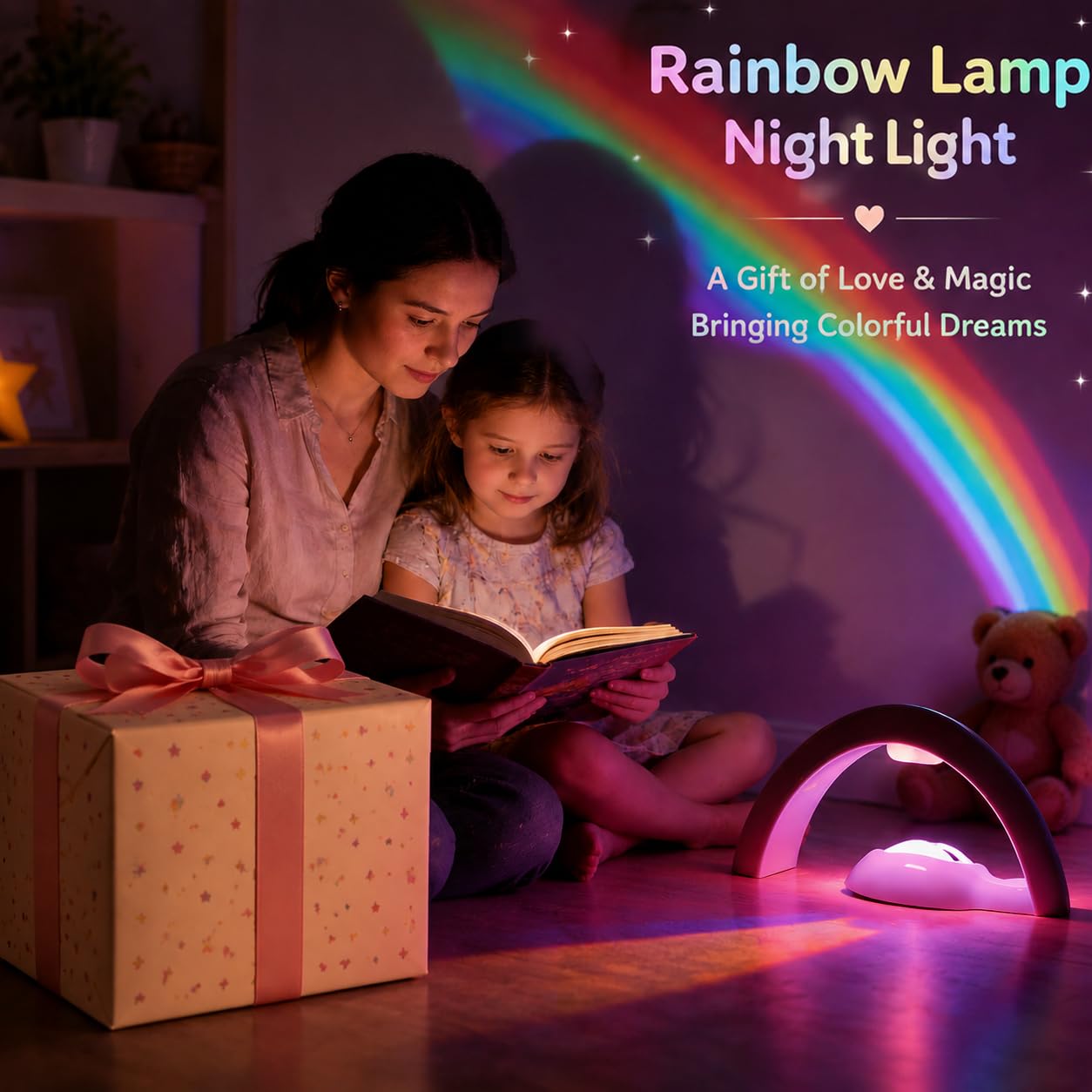 Rainbow Projector Night Light for Kids Bedroom, USB/ Battery Powered LED Rainbow Lamp with 10-Min Auto-Off Sleep Timer, Rainbow Projection Signs Wall Decor Birthday Gifts for Girls Boys Toddler