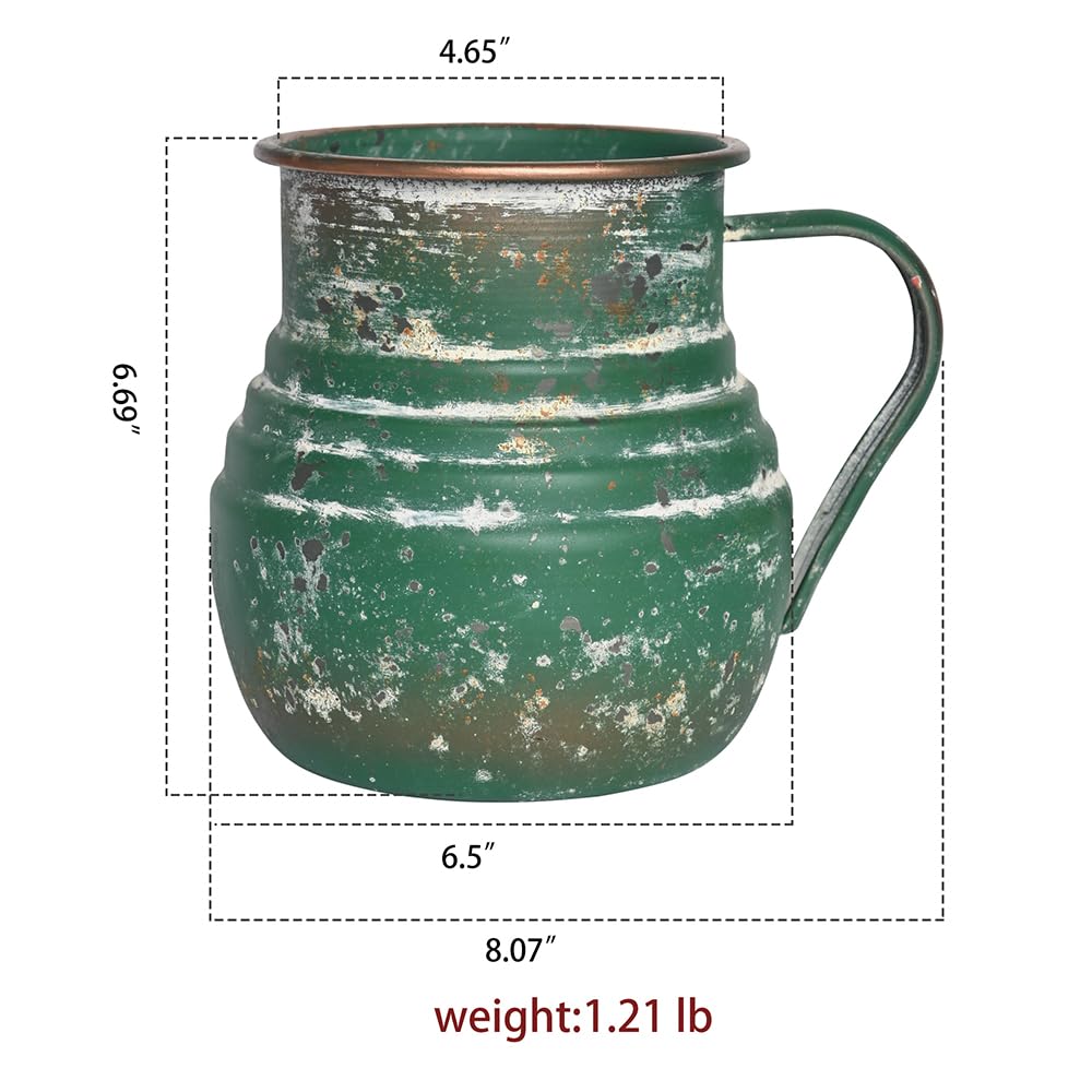 Chadechimo Rustic Metal Farmhouse Vase Shabby Chic Small Pitcher Fall Vase Brown Decorative Vase for Farmhouse Kitchen Decor（Green）