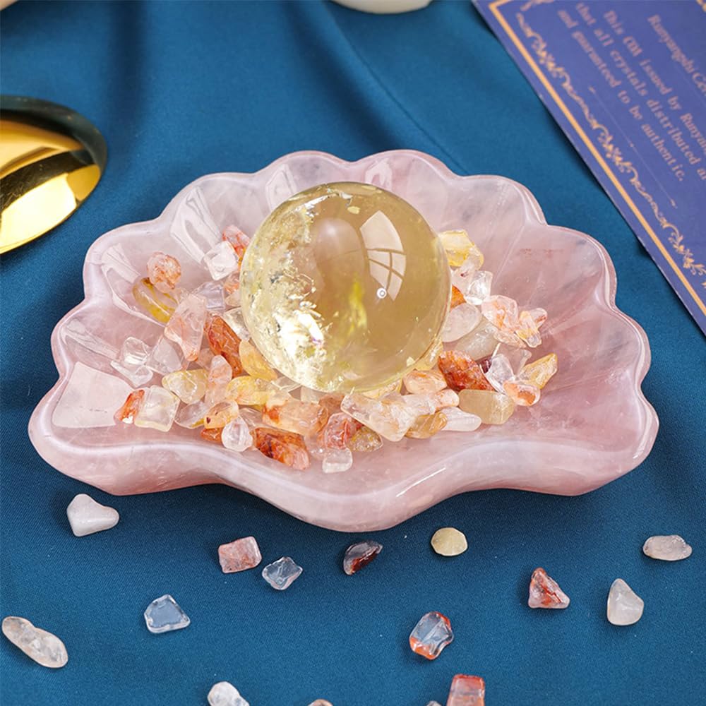 JIC Gem Rose Quartz Crystal Bowl Shell Shape Crystals and Healing Stone Decorative Bowl Jewelry Tray Home Office Decor