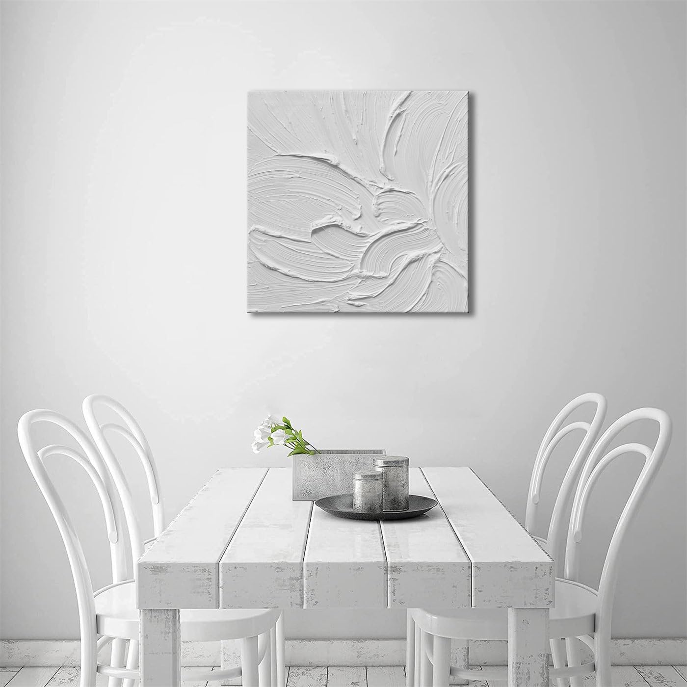 zoinart Hand Painted White Canvas Wall Art, 20x20 Inches Abstract Thick Textured Painting, Plaster Wall Art