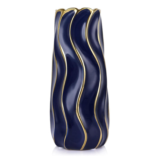 9.3" Blue and Gold Ceramic Flower Vase, Minimalist Wavy Decorative Centerpiece Vase for Home Decor, Navy Blue Decor Pampas Grass Vases for Living Room Office Table Shelf Mantel Entryway, Elegant Gifts