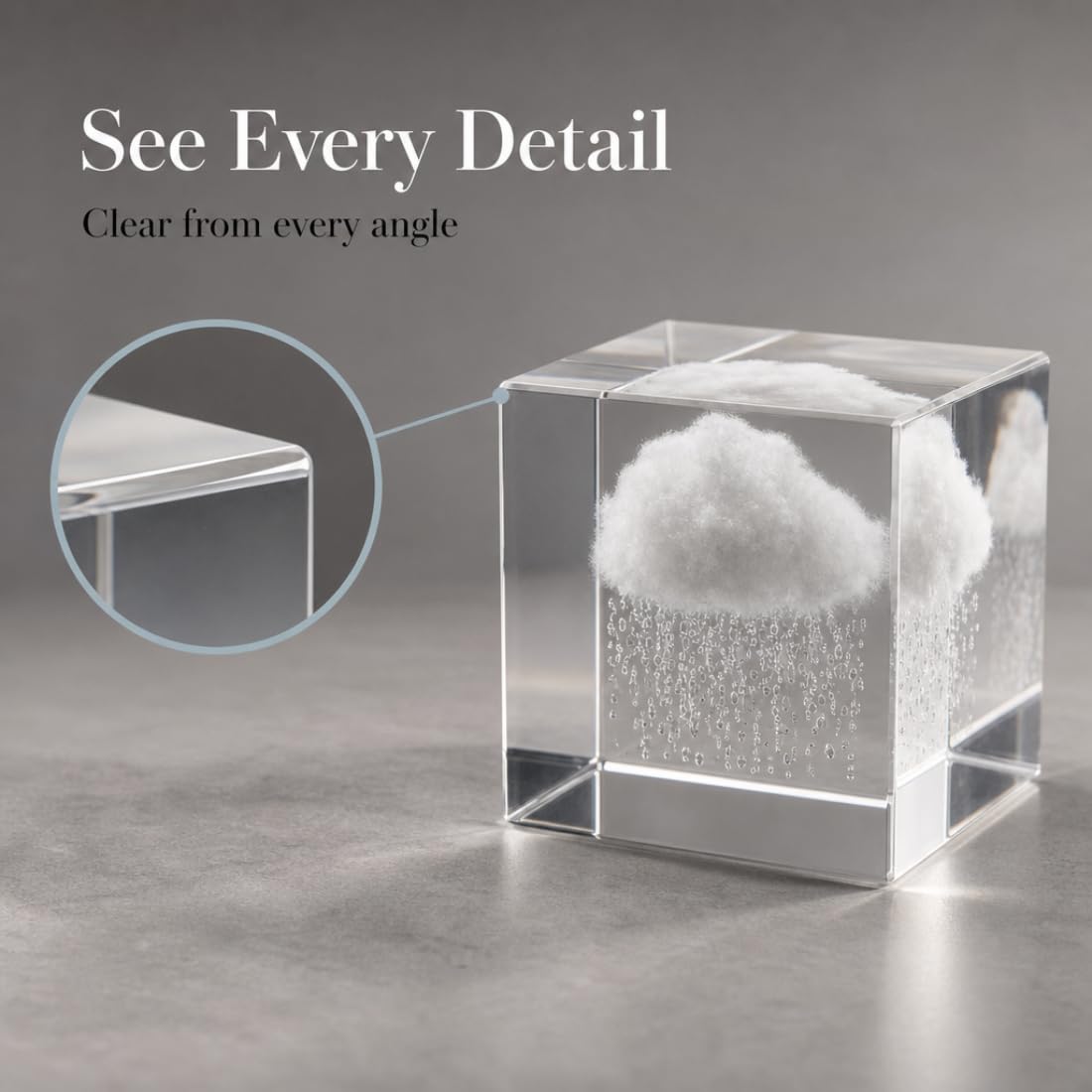 Crystal Cloud Rain Cube - 3D Laser Engraved Paper Weight - Aesthetic Cute Glass Sculpture for Desk Shelf Sitter Decor, Office - Small Gifts Accessories for Coworkers Stress Relief (Rain Cloud 3.2")