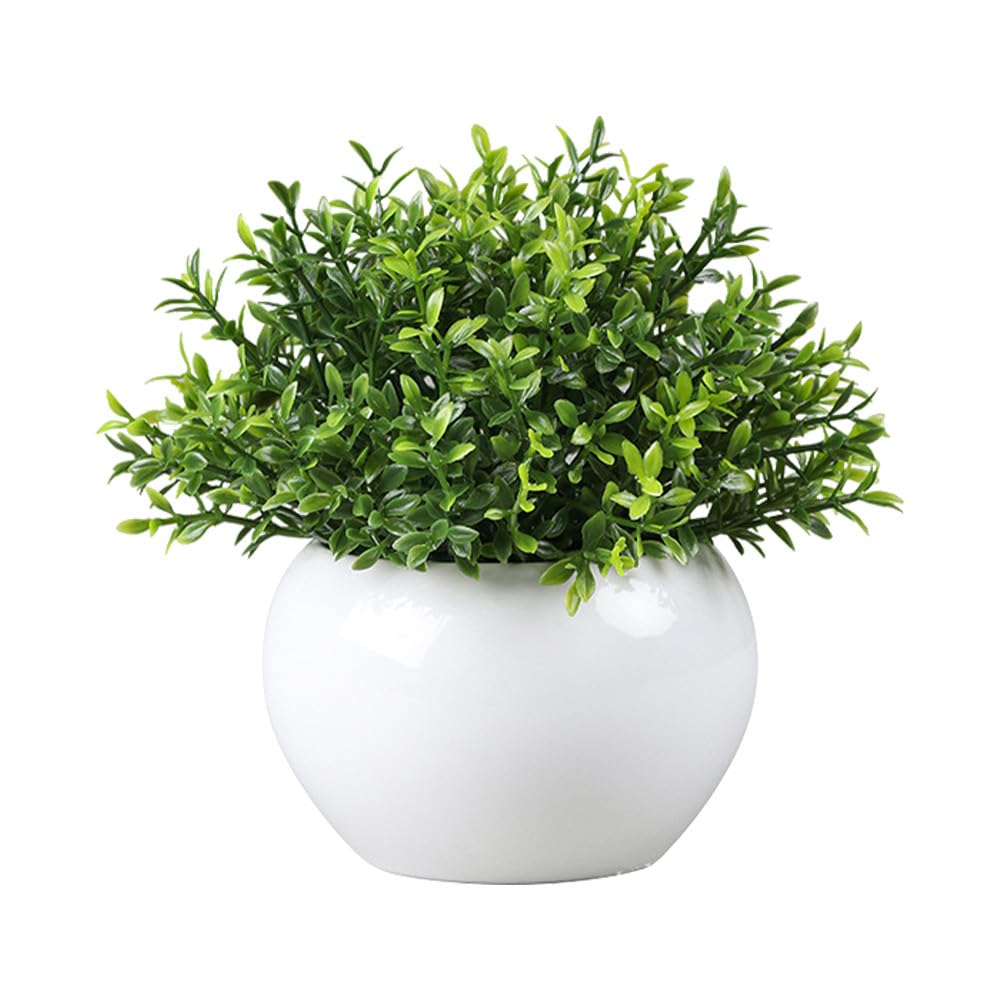 YZZY Artificial Grass Potted Plant, Fake Plant for Desktop Decor, Faux Plant Grass with Ceramic Pots for Home Indoor Office Shelf Decoration 1pc (FY000, with White Pot)