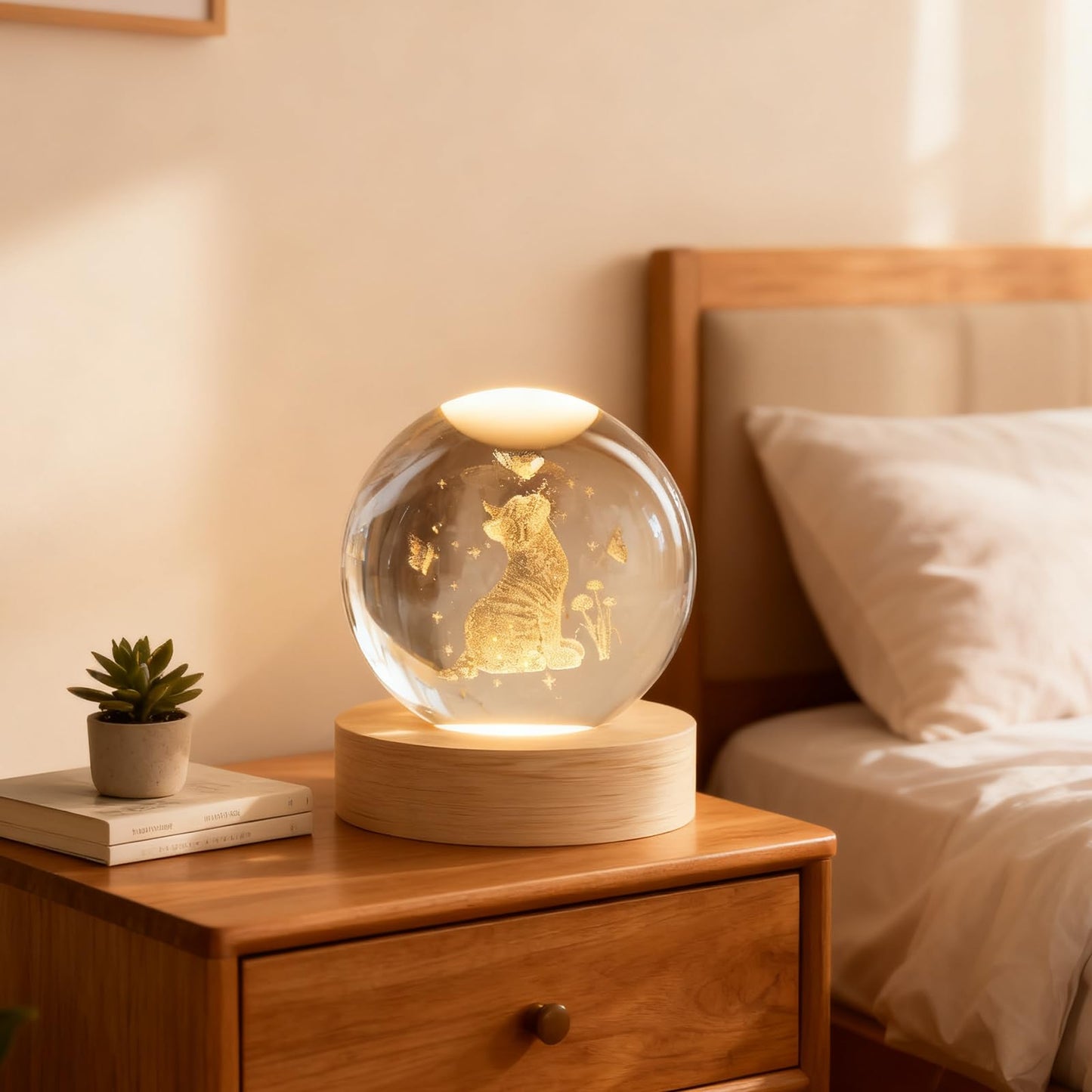 3D Cats Butterfly Crystal Ball, 3D Laser Engraved Decorative Flowers Crystal Ball Glass Sphere Home Decor Gifts Light for Mom Women Girls Cat Lovers, Presents Decor Crystal Sphere Memorial Gifts
