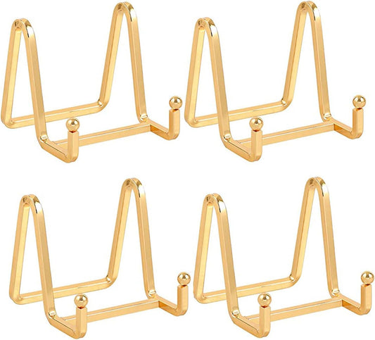 Plate Holder Easel Display Stand - 3 inch Metal Plate Stands for Display - Tabletop Picture Stand - Gold Iron Easels for Display Pictures | Photo Frames | Book | Decorative Plates | Plaque - 4 Pack