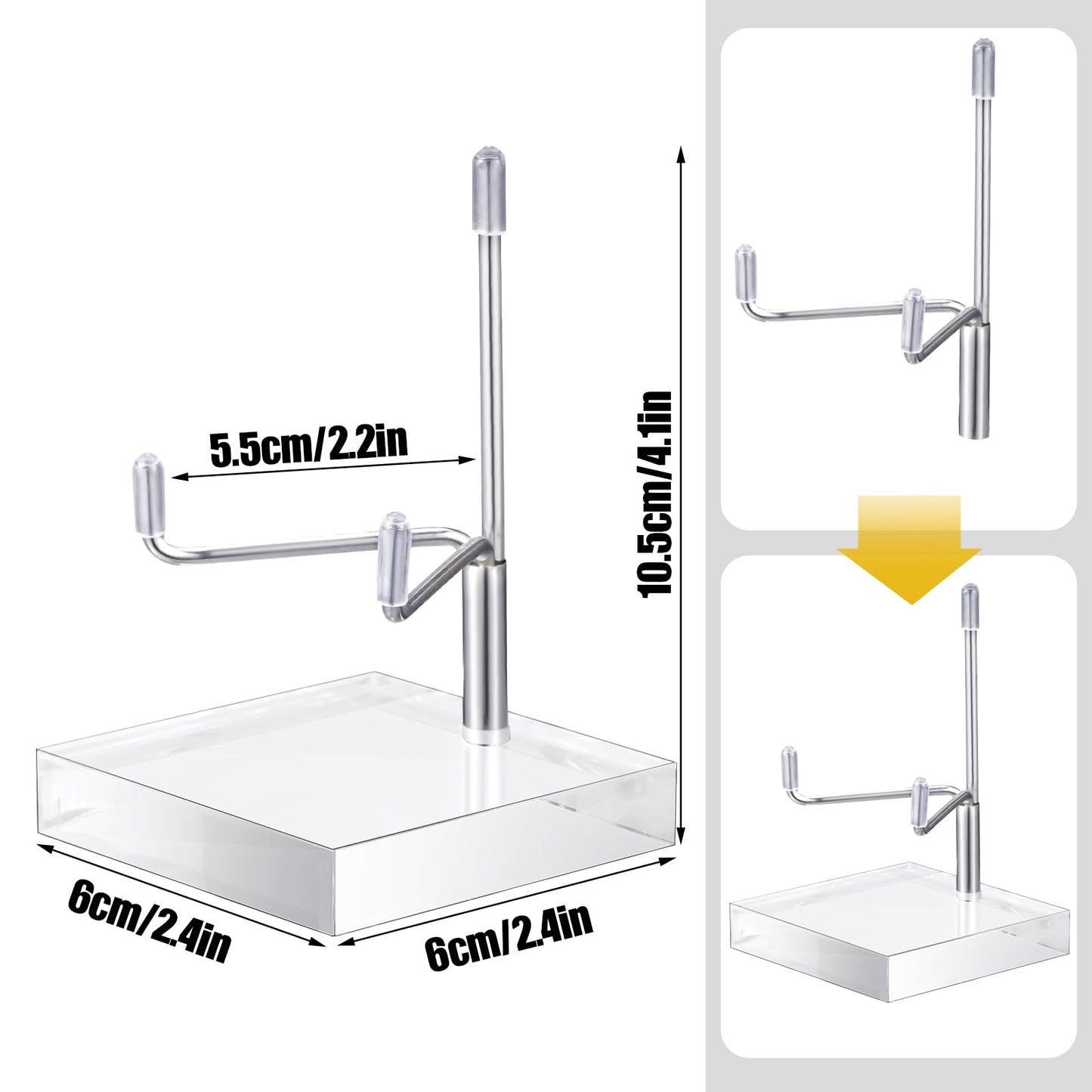 Kigley 8 Pcs Adjustable Metal Arm Display Stand Crystal Holder Easel Display with Acrylic Base Easel Rock Mineral Stand for Geodes Mineral Agate Collection(Silver,2.4 x 2.4 x 3.5 Inch)