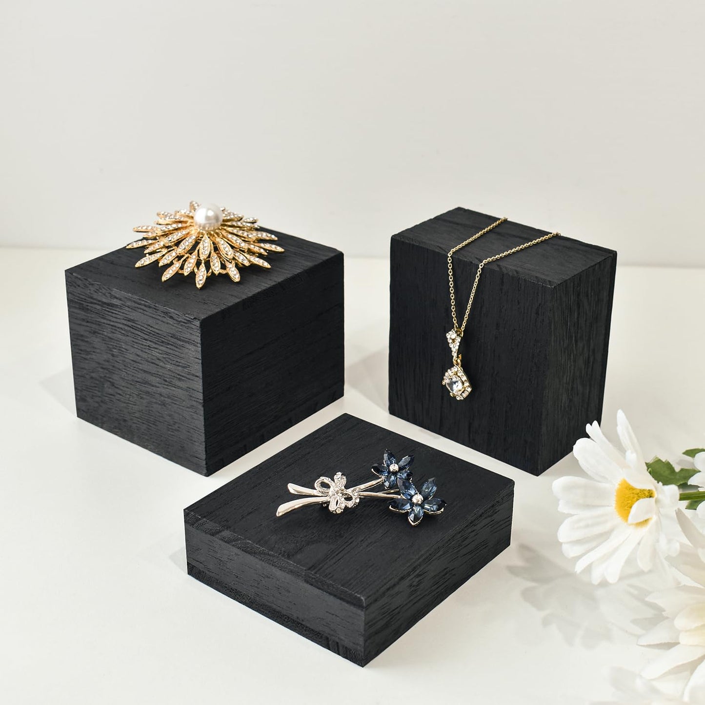 MOOCA Customizable Wooden Display Risers Set - 3 Different Height Stands for Jewelry, Watches, Cosmetics, and Accessory, Black Color