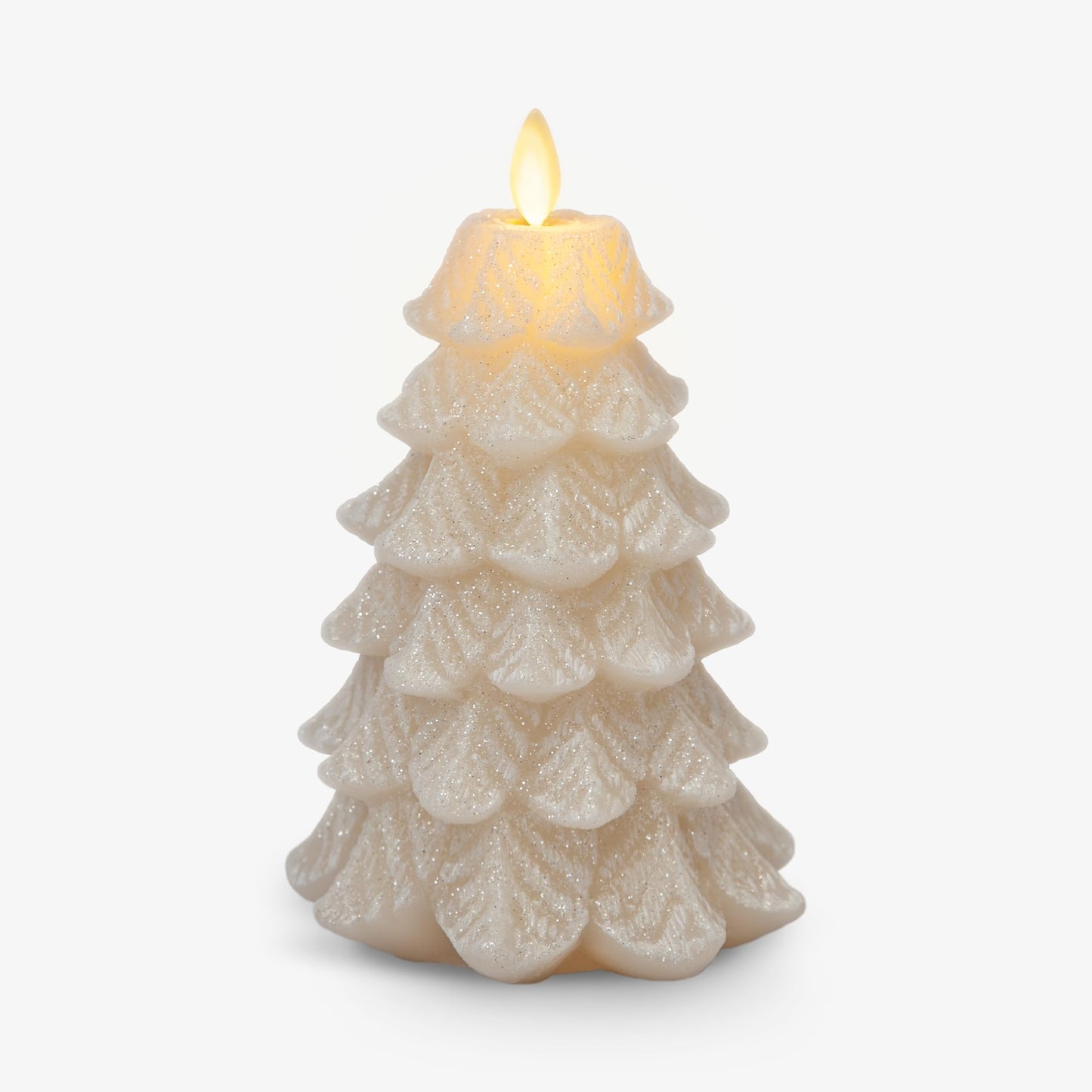 Luminara Christmas Tree Flameless LED Candle, White Swan 4.7" x 6.5", Moving Flame Battery Operated Timer, Holiday Decor, Glitter Snow Finish Safe