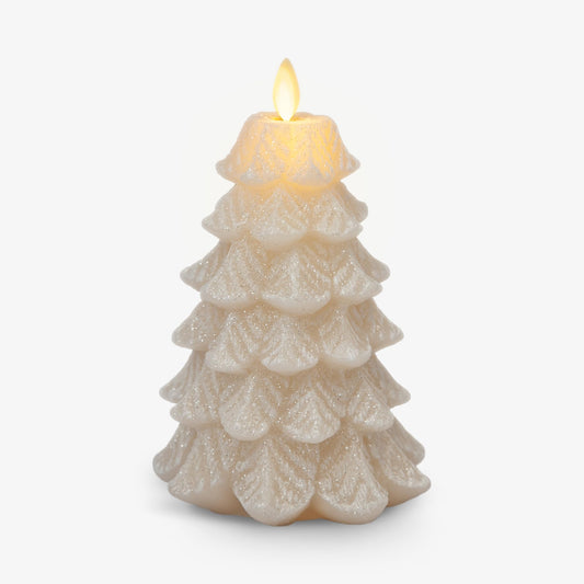 Luminara Christmas Tree Flameless LED Candle, White Swan 4.7" x 6.5", Moving Flame Battery Operated Timer, Holiday Decor, Glitter Snow Finish Safe