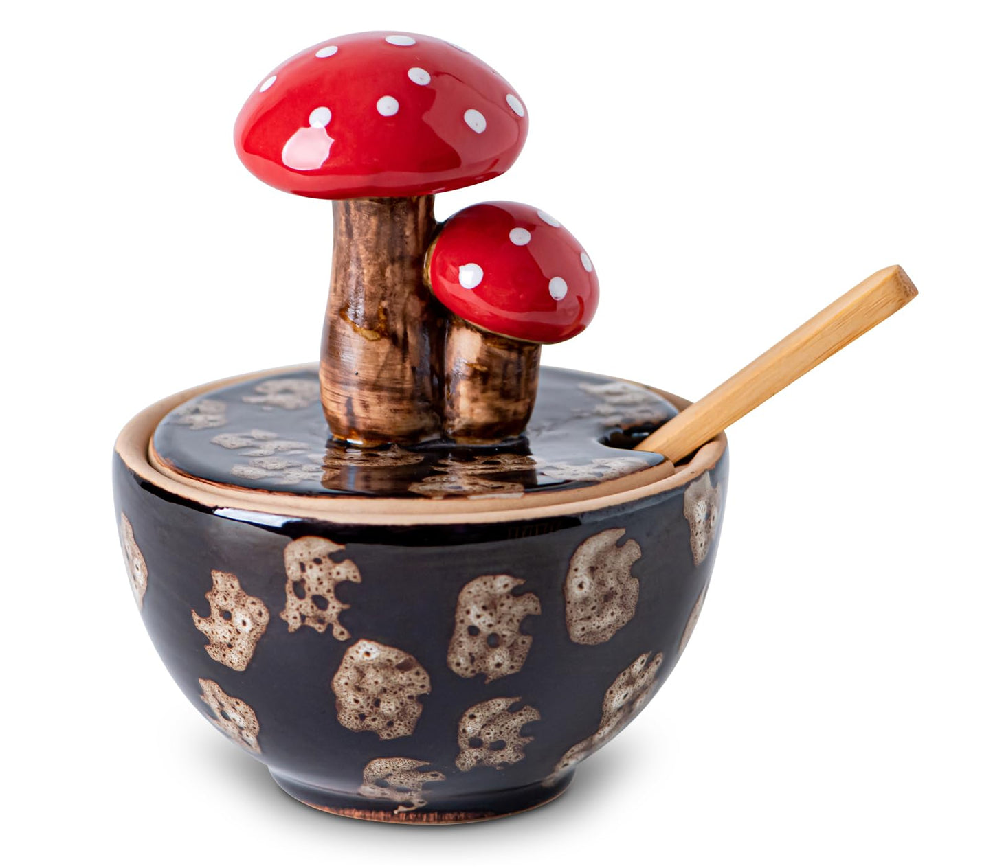 Brown Ceramic Mushroom Salt Cellar With Lid and Bamboo Spoon