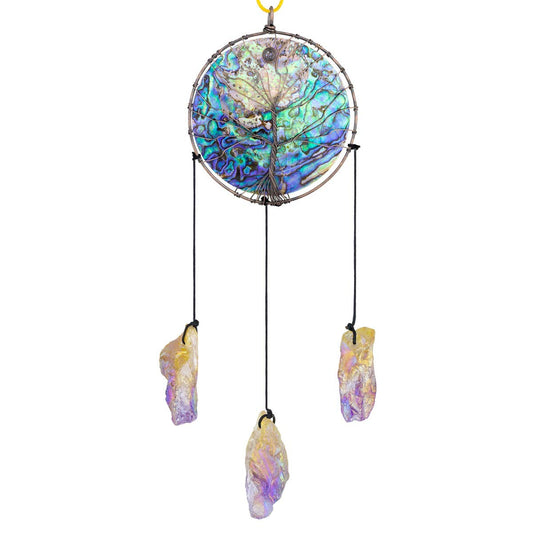rockcloud Abalone Shell Tree of Life Christmas Ornament with Titanium Coated Crystals Points Pendant Hanging Tree Ornament for Window Wedding Home Decor, Yellow & Purple