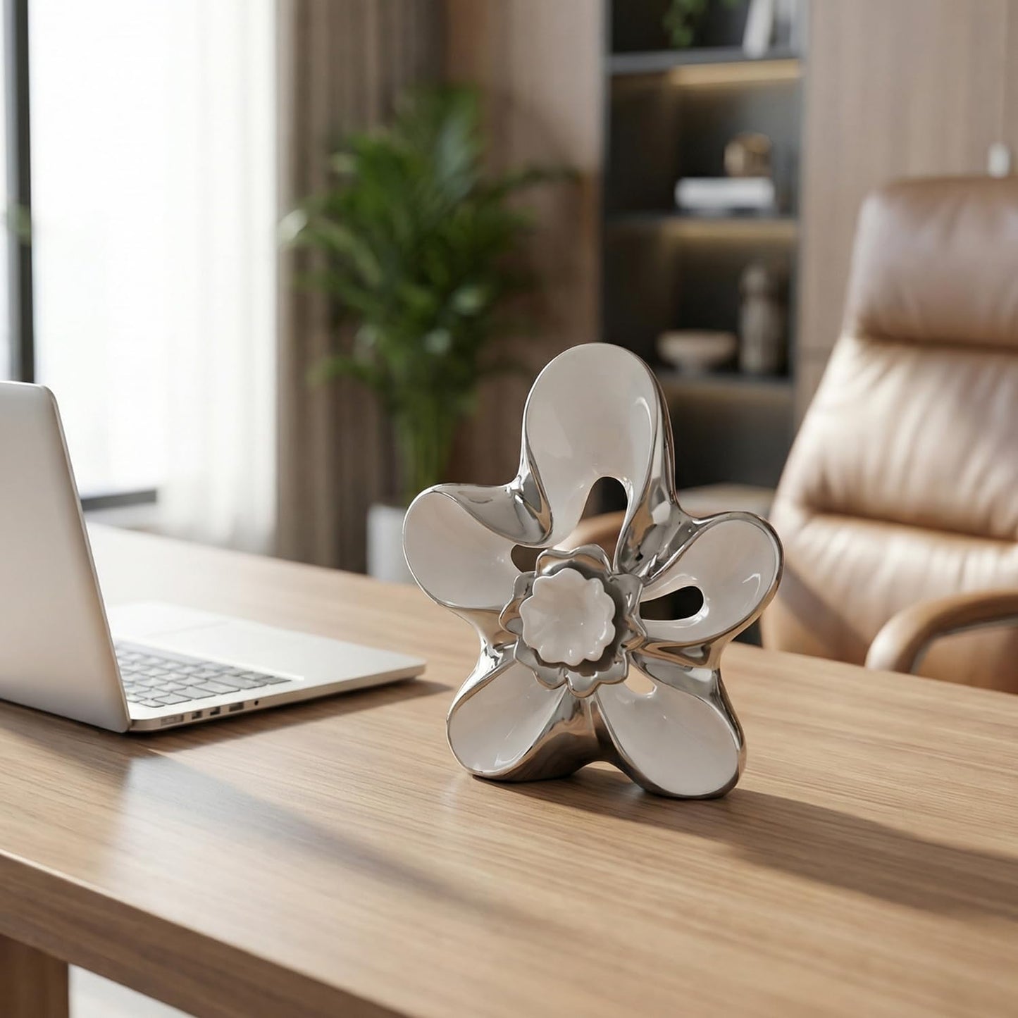 Dneuoir Ceramic Statue Home Decor Aesthetic Abstract Flower Sculpture Modern Decorative Statues for Living Room Bedroom Bookshelf Desktop Dinging Table Centerpiece Office(White and Silver)