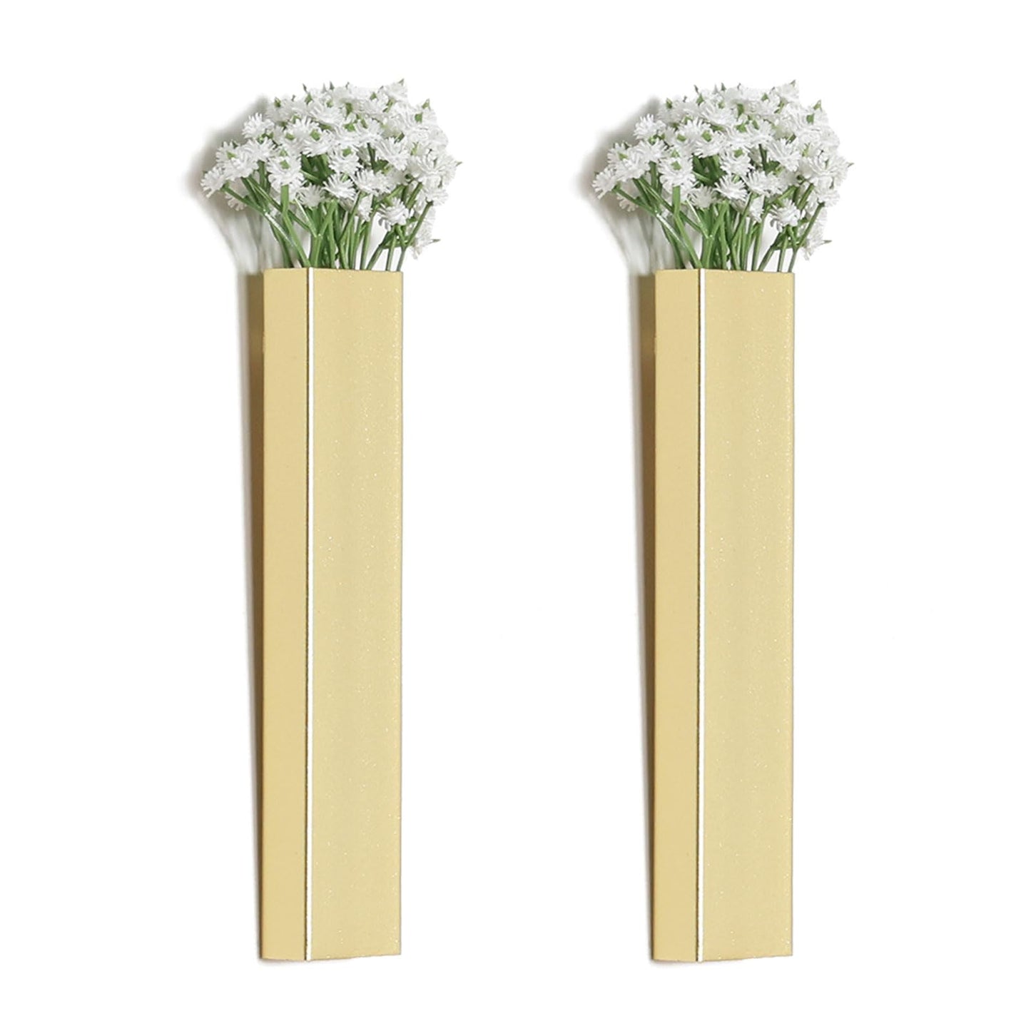 Pretty Jolly Wall Decor Babys Breath Metal Planter Modern Boho Home Vase,Artificial Flowers Indoor Wall Sculpture for Living Room, Bedroom White Set of 2 Gold