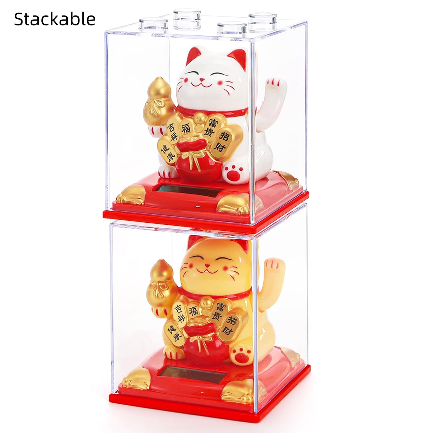 Cididu 2 Pack Solar Waving Cat, Small Lucky Cat Waving Arm Solar Powered, Stackable Good Luck Fortune Cat Window Sun Catcher Car Dashboard Decor, Portable Suncatchers Welcoming Cat with Clear Cover