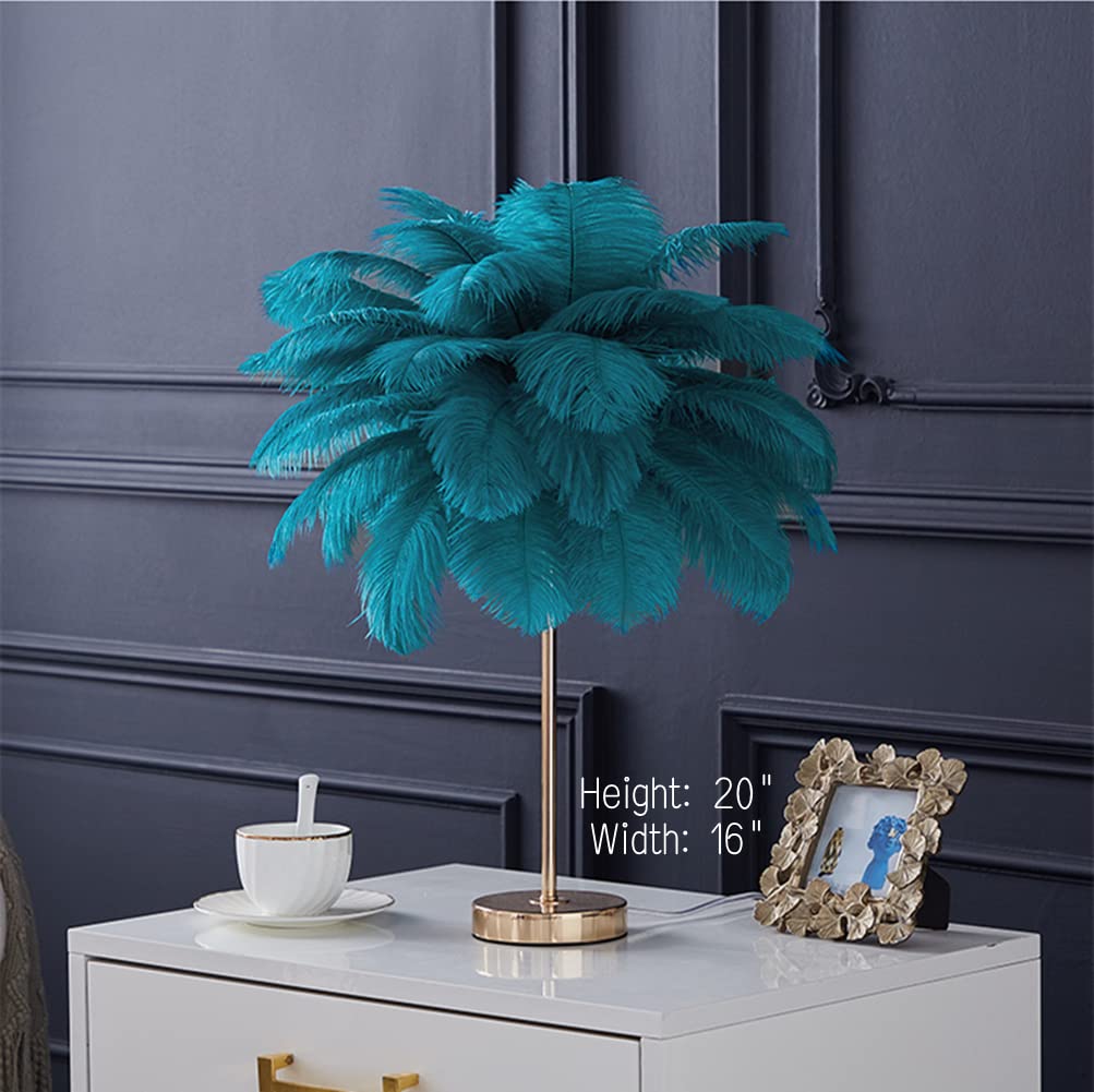 LINCWONZ White Ostrich Feather Lamp,3-Color Temperatures Table Lamps for Girls Bedroom Funky Unique Cute Bed Side Nightstand Gold Desk Light (Blue-Green)