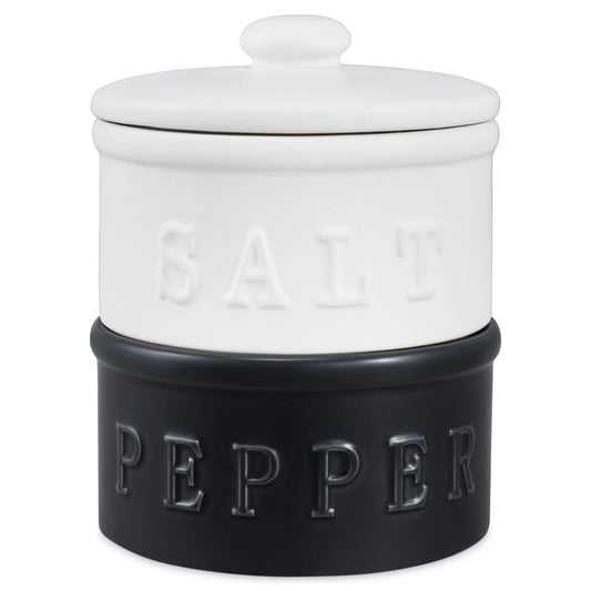 enkiware Salt and Pepper Bowls with Lid, Set of 2 - Stackable Rustic Farmhouse Decor for Your Kitchen - Containers and Boho Tabletop Accessories for Home - Ceramic Seasoning Holder for the Counter